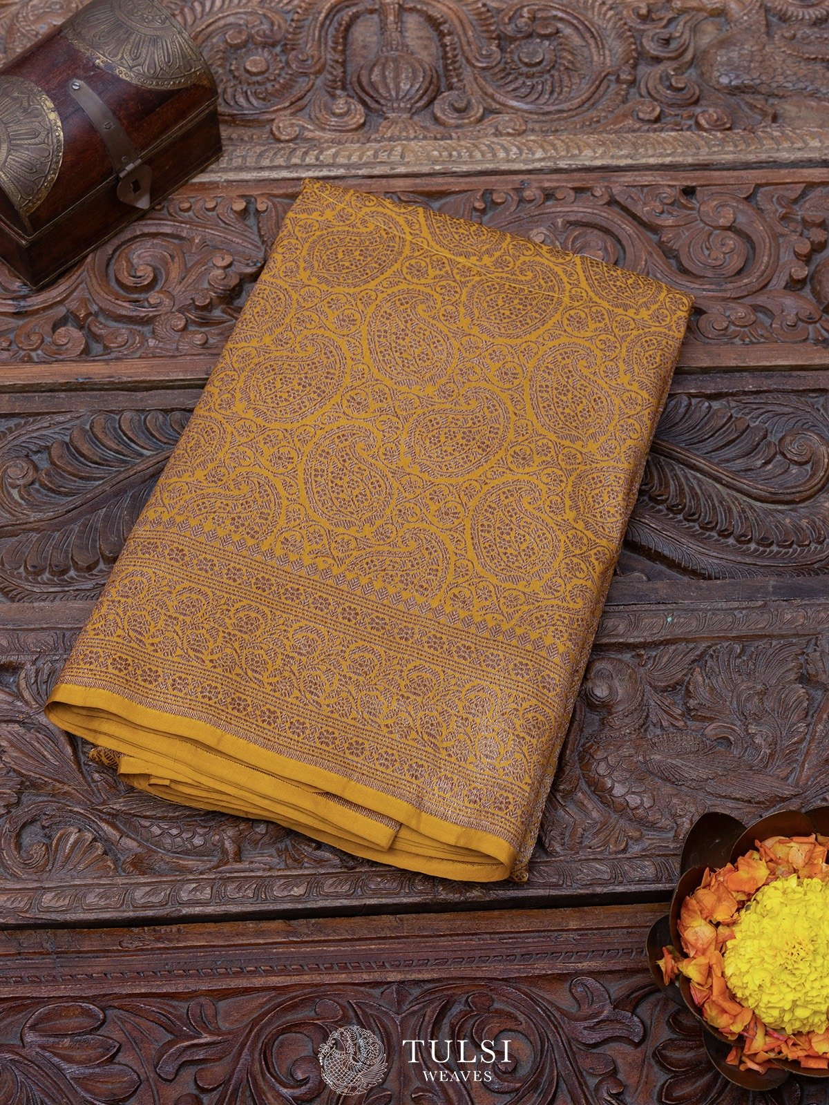 Mustard Banarasi Silk Saree with Self Zari Border