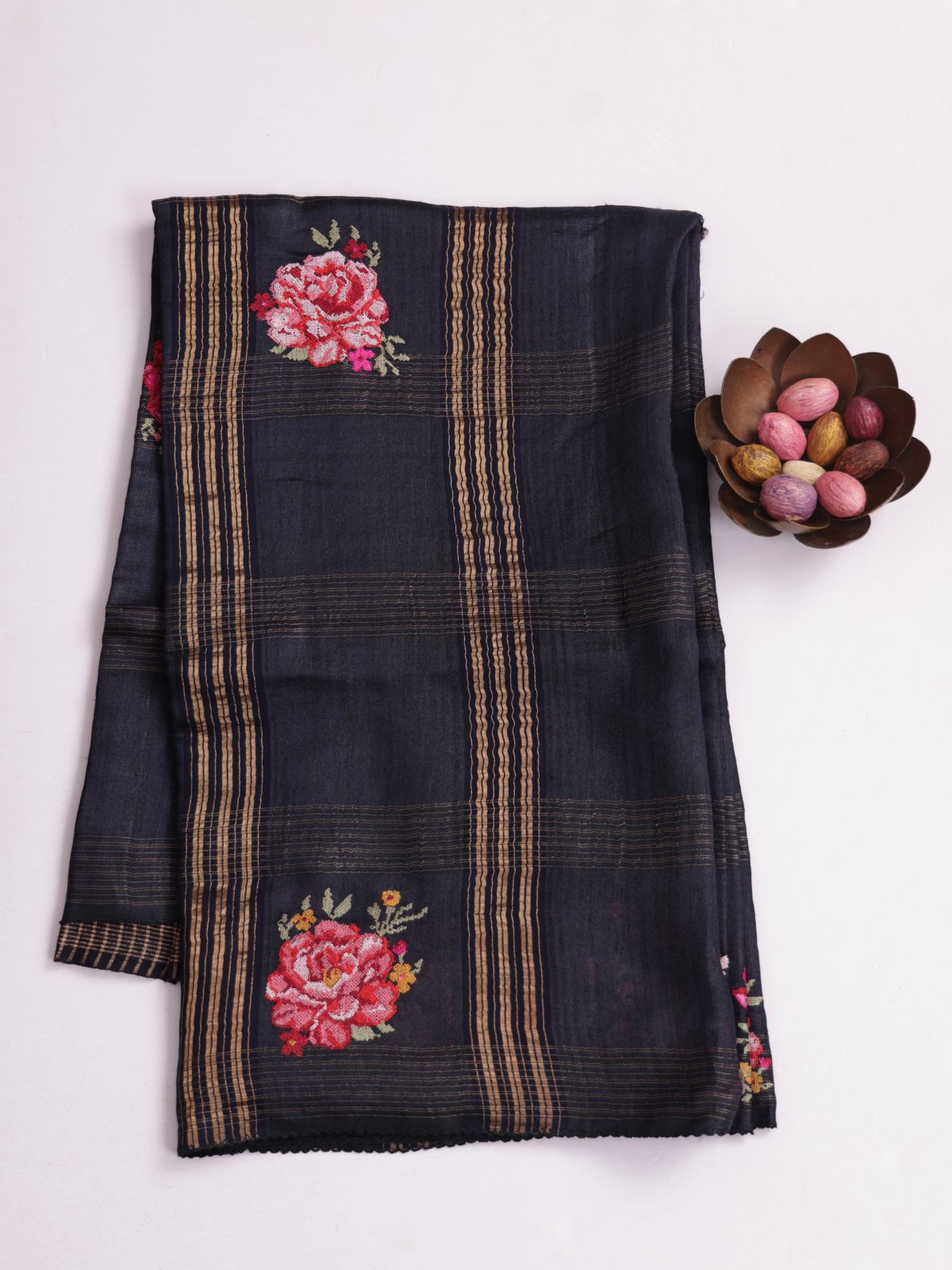 Black Zari Striped Tussar Silk Saree With Cross-Stitch Embroidery