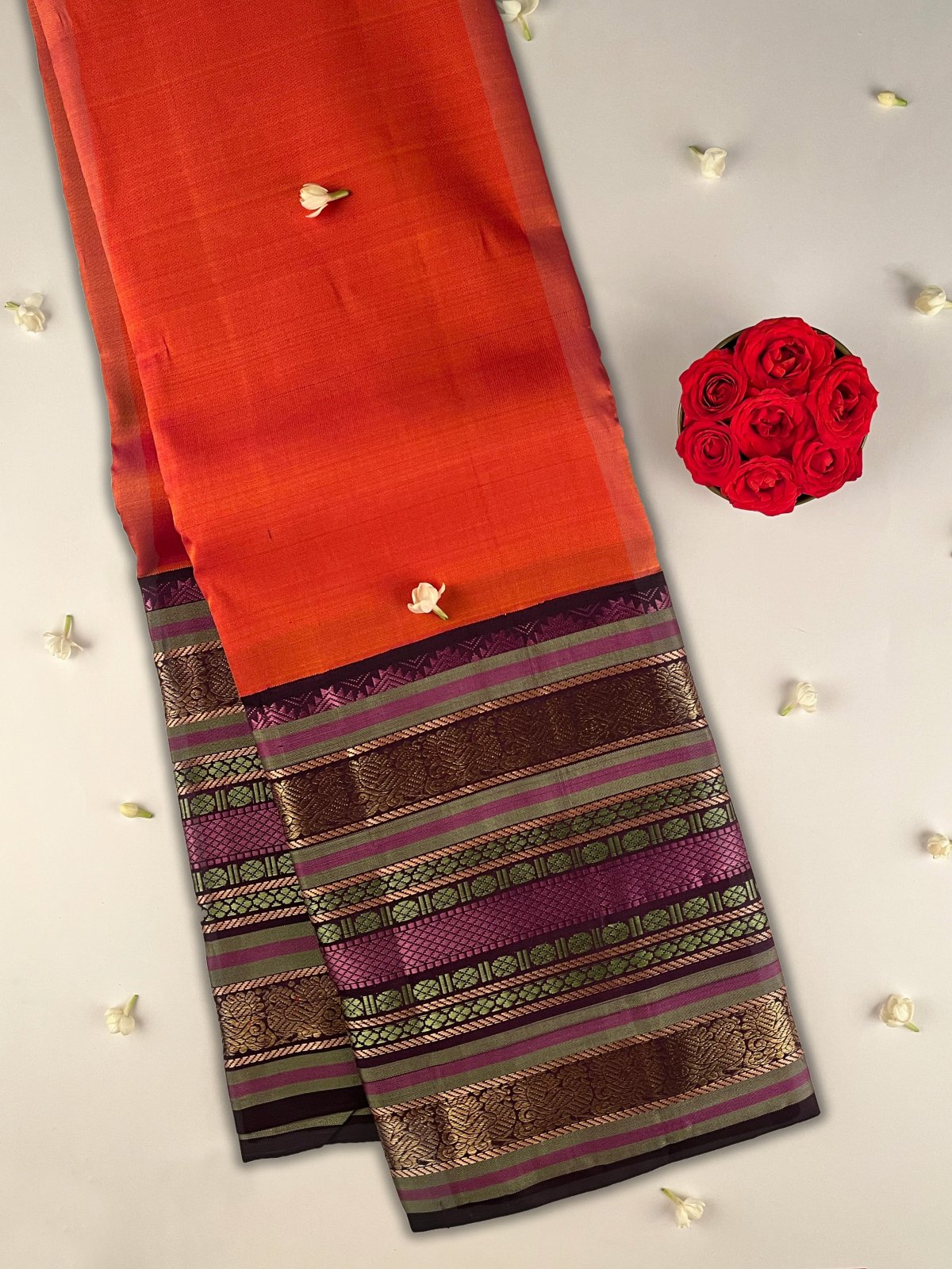 Orange-Pink Kanjeevaram Silk Saree With Purple Border