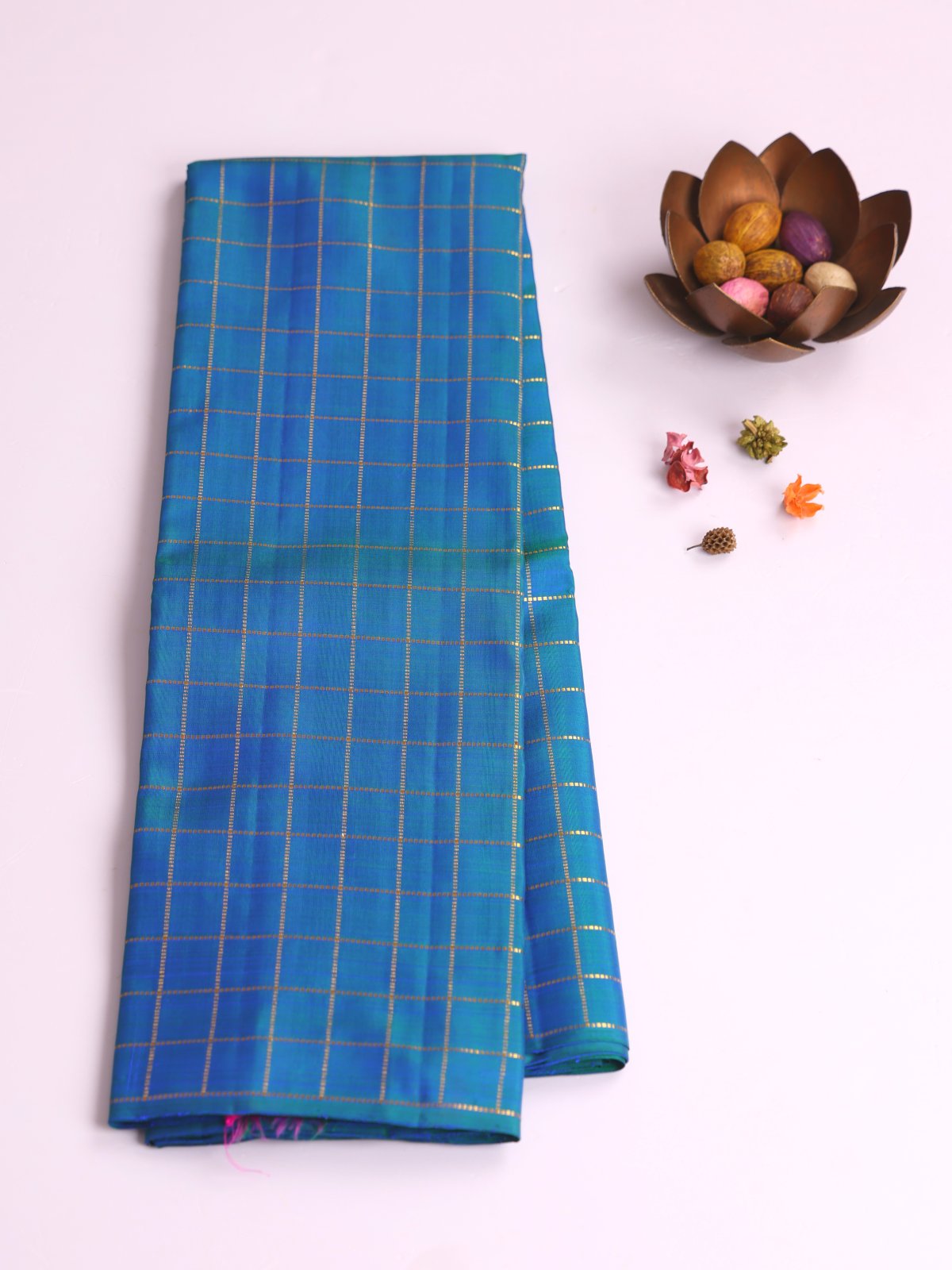 Peacock Blue Zari Checked Kanjeevaram Silk Saree