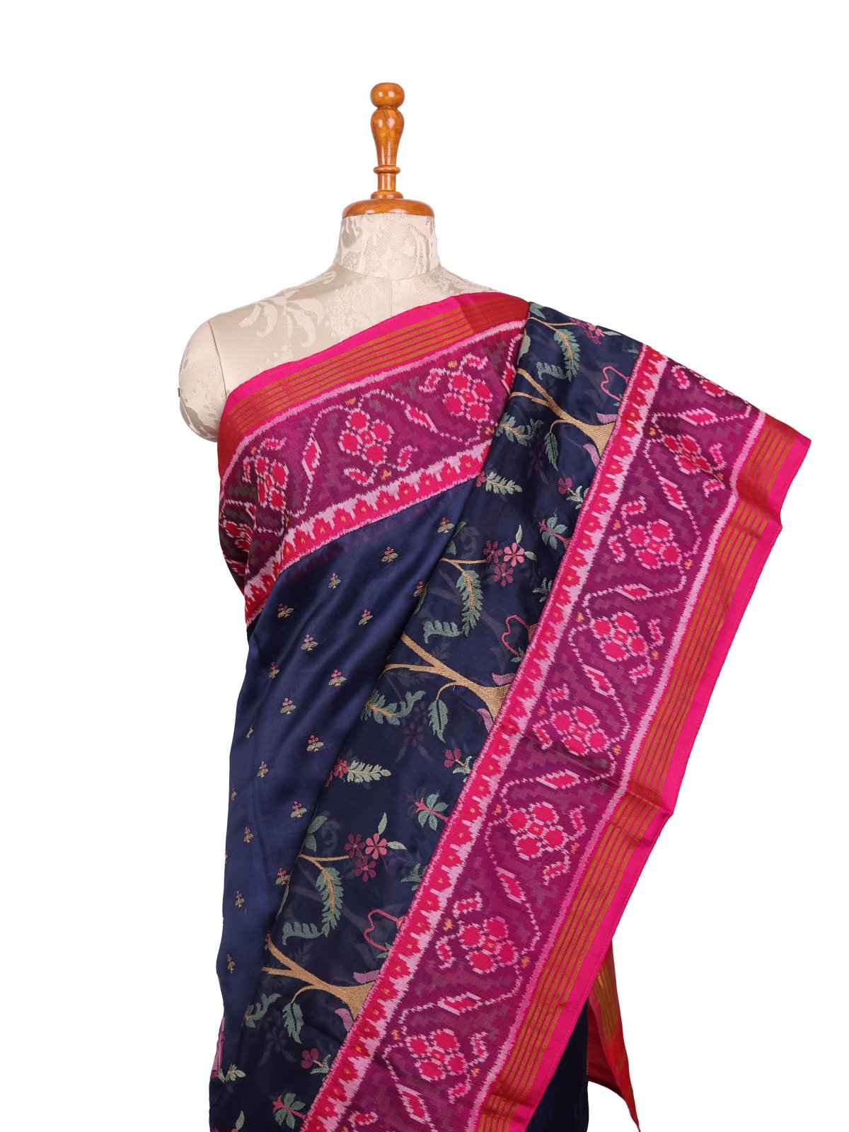 Navy Blue Embroidered Organza Silk Saree With Pink Patola Border