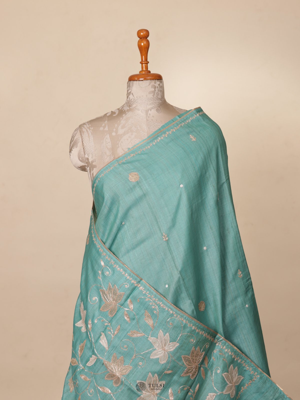 Sky Blue Tussar Silk Saree with Applique Work