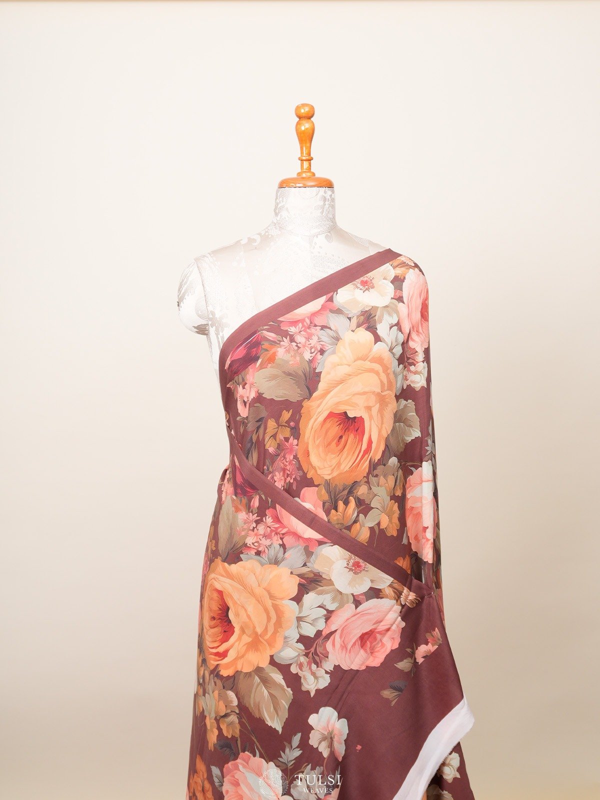 Brown Floral Printed Crepe Silk Saree 