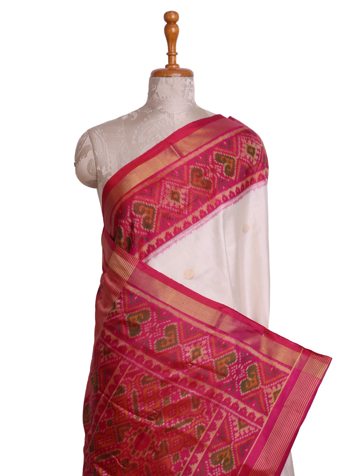 Ivory Patola Silk Saree with Pink Border