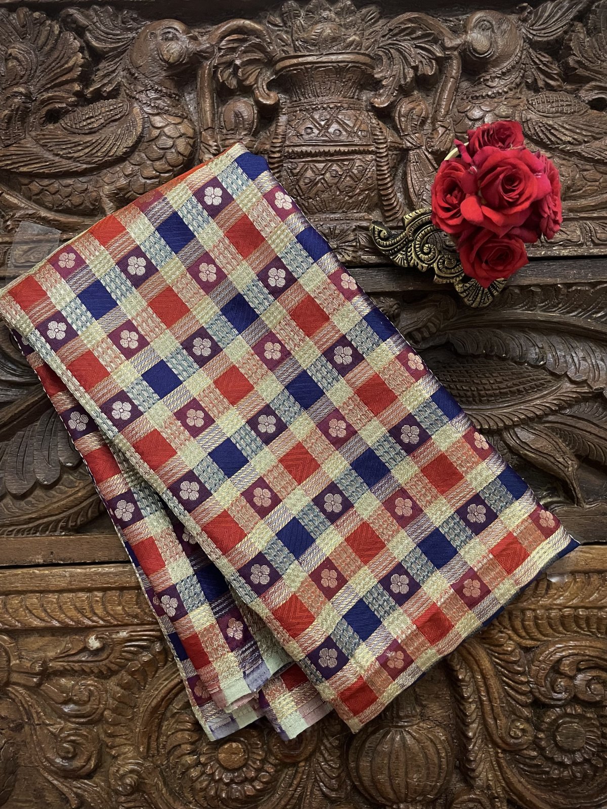 Multicolour Checked Banaras Silk Blouse With Floral Butties