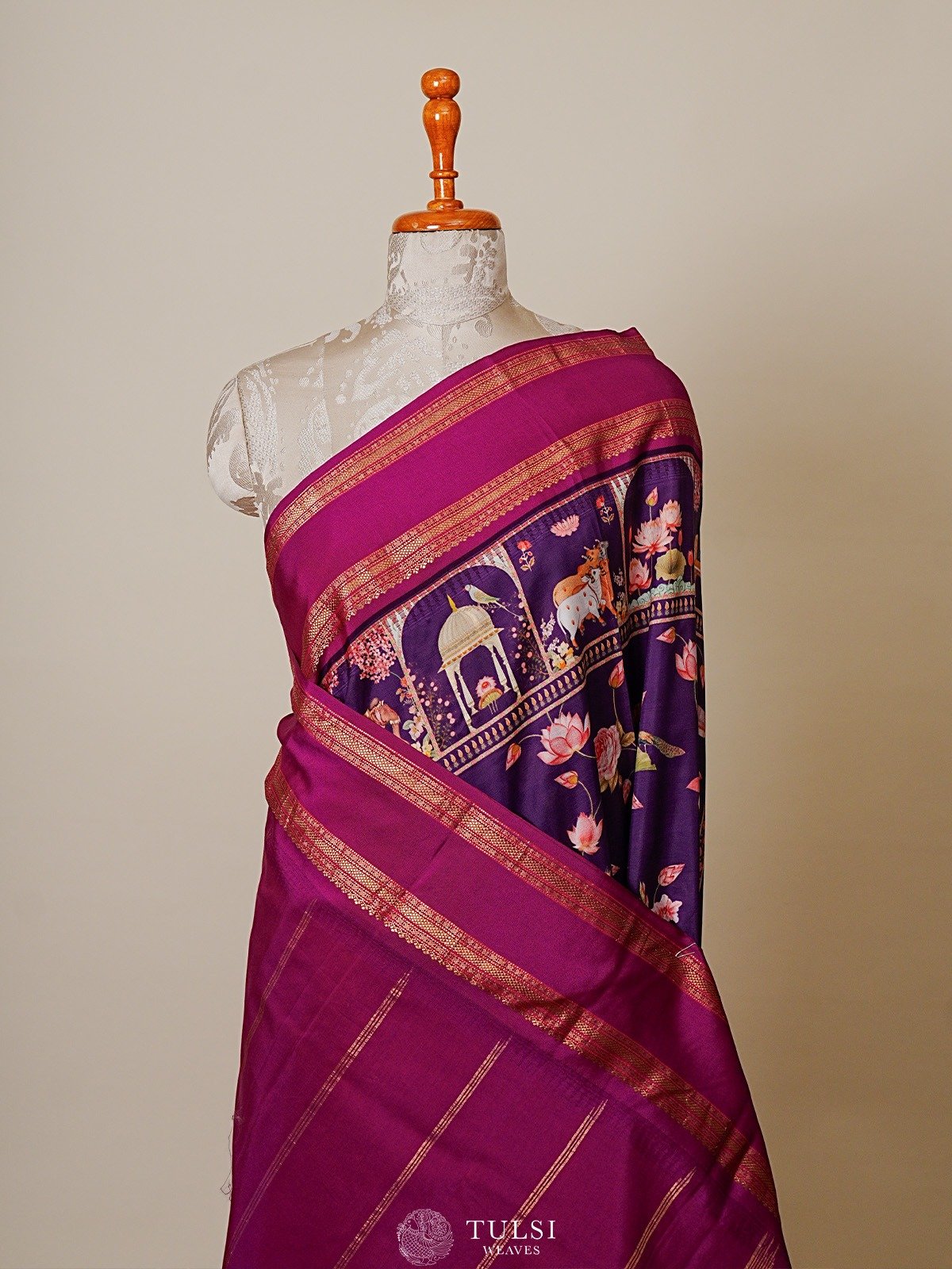 Violet Printed Kanjeevaram Silk Saree