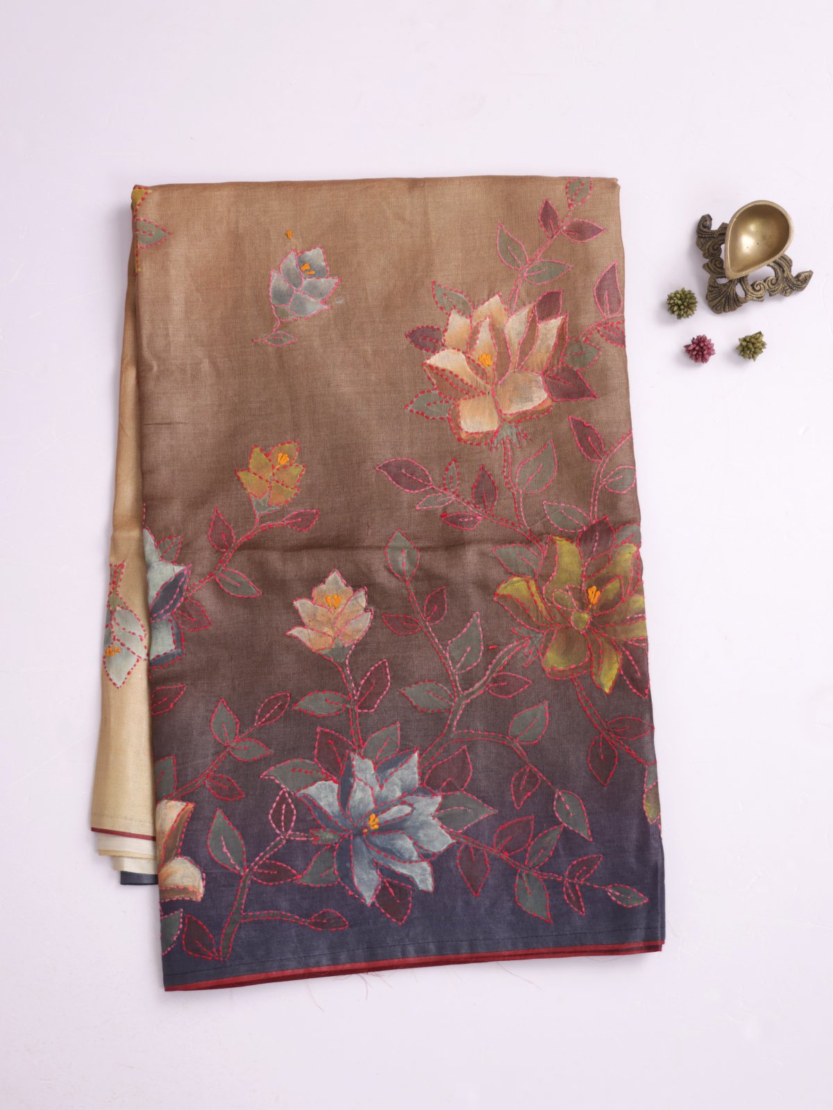 Light Brown Ombre Printed Tussar Silk Saree With Kantha Embroidery
