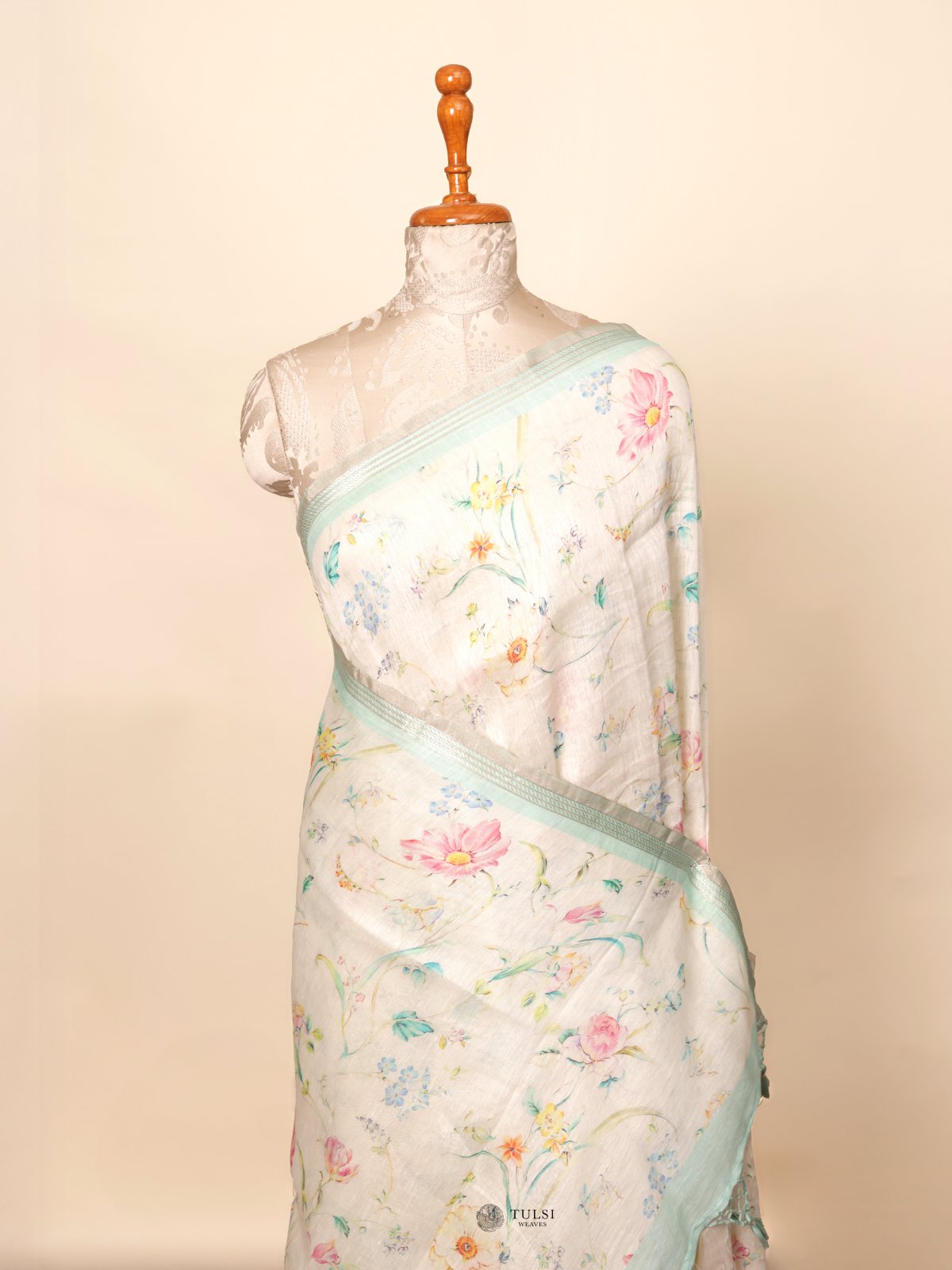 Off-White Printed Linen Saree