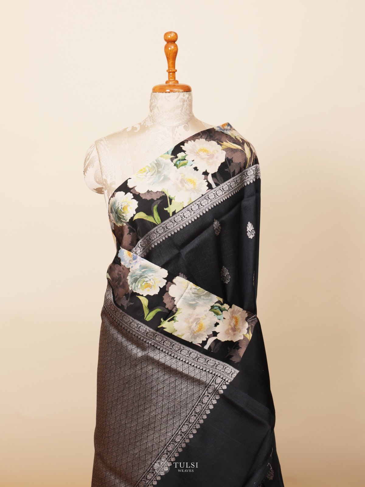 Black Banaras Tussar Georgette Silk Saree With Satin Border
