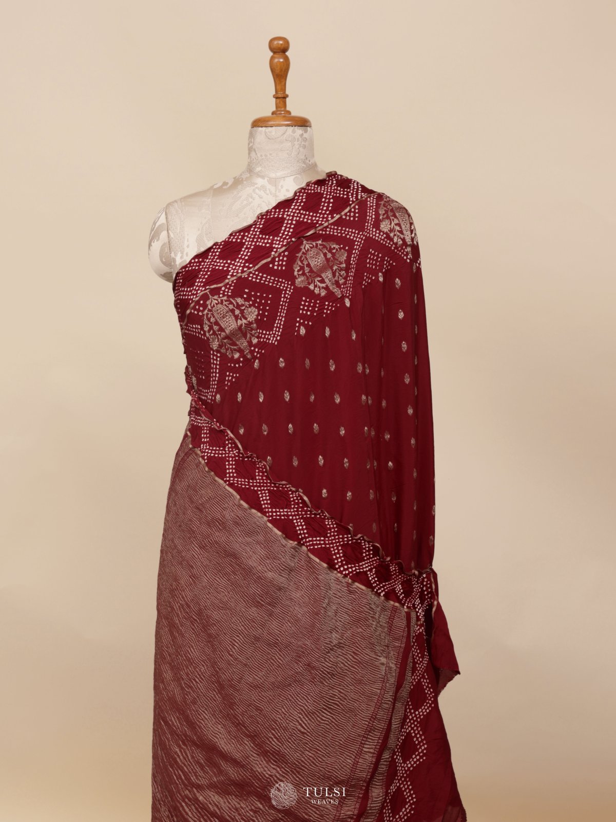 Deep Red Banaras Crepe Silk Saree With Bandhini Border