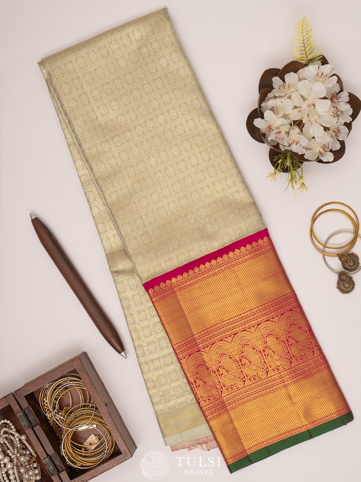 Beige Kanchipuram Tissue Pavadai with Zari brocade