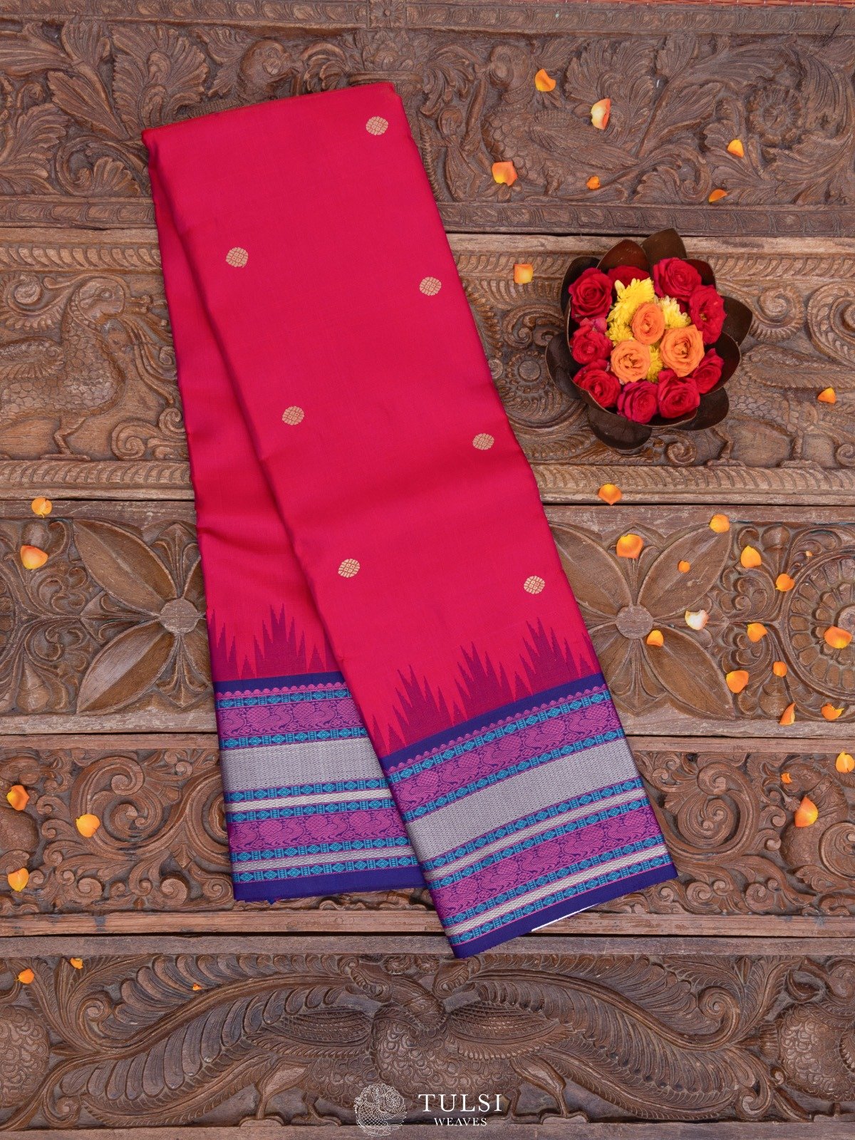 Pinkish Red Kanjeevaram Pattu Pett Silk Saree