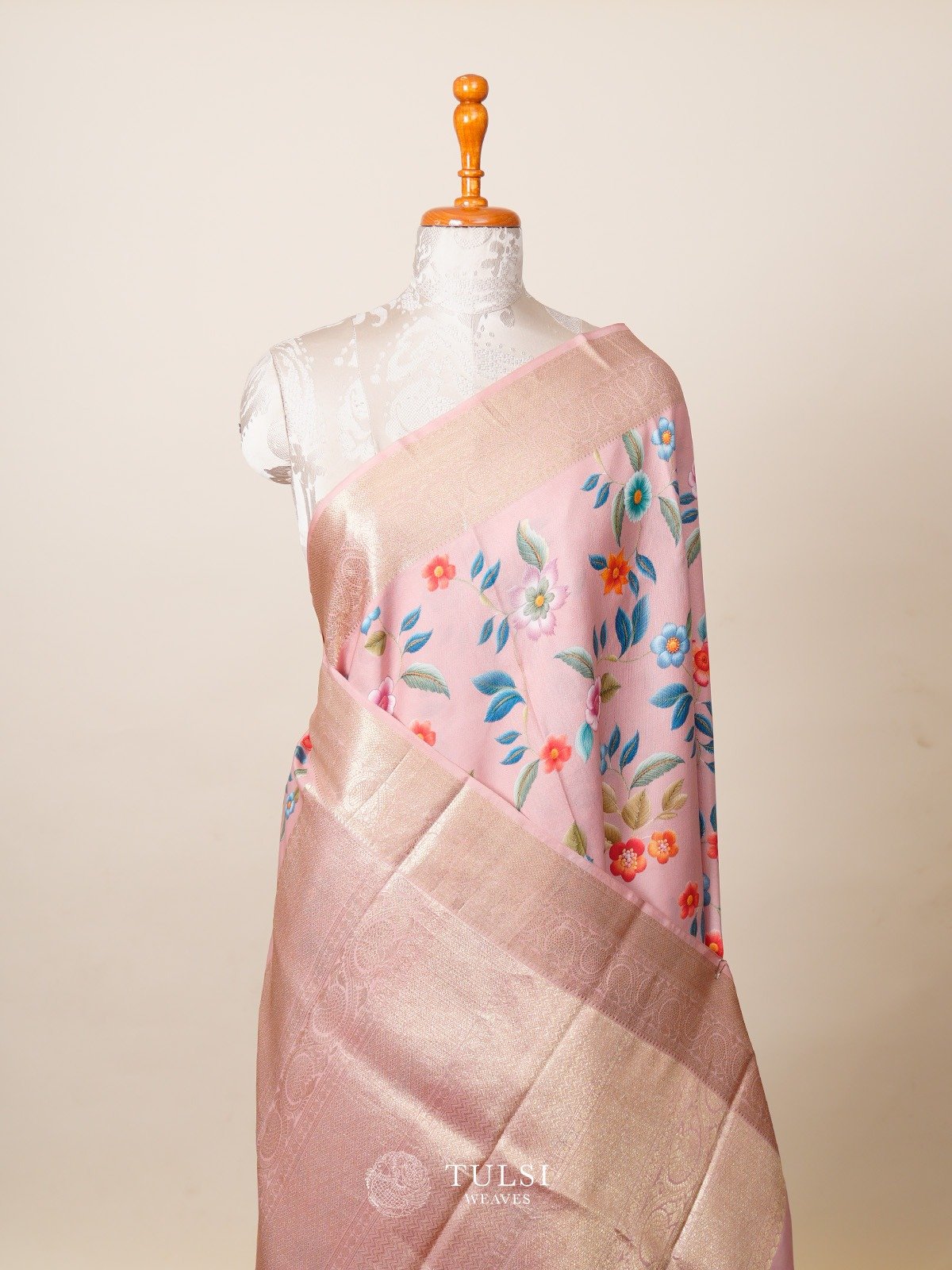 Dusty Pink Printed Kanjeevaram Silk Saree with Rettapett Border