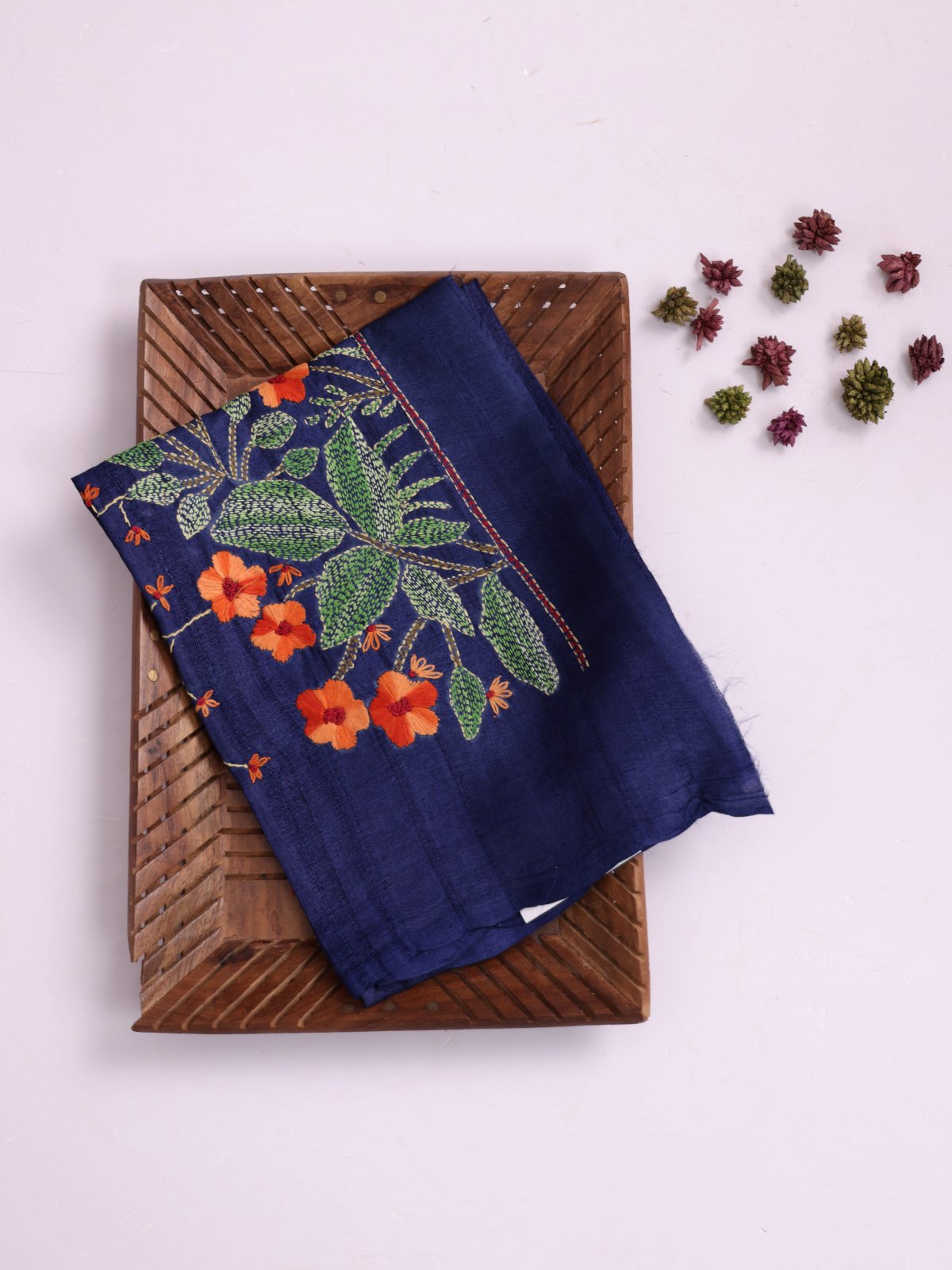 Dark Blue Embroidered Tussar Silk Blouse