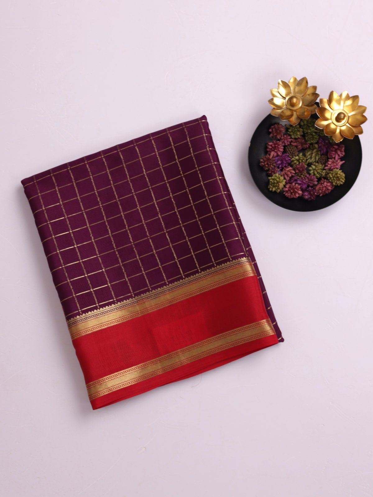Dark Purple Zari Checked Mysore Silk Saree With Red Border