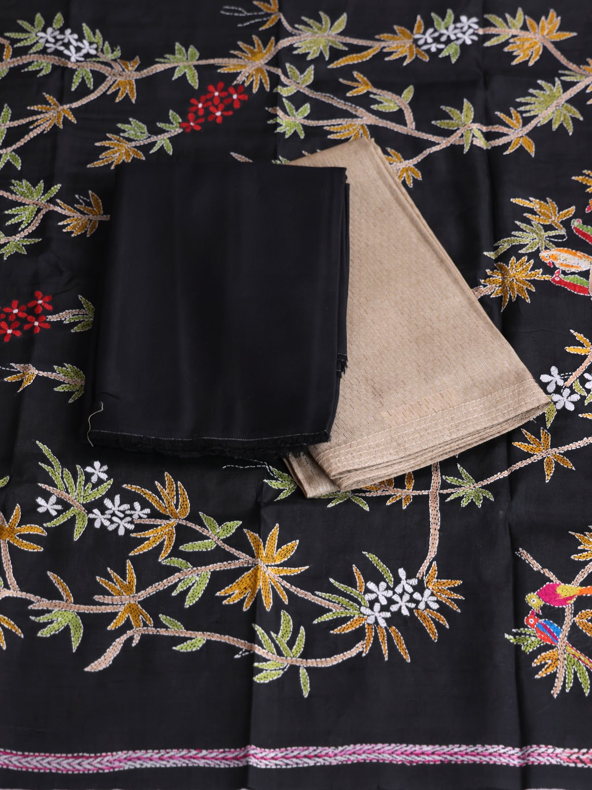 Greige Tussar Salwar Material With Kantha Embroidered Dupatta