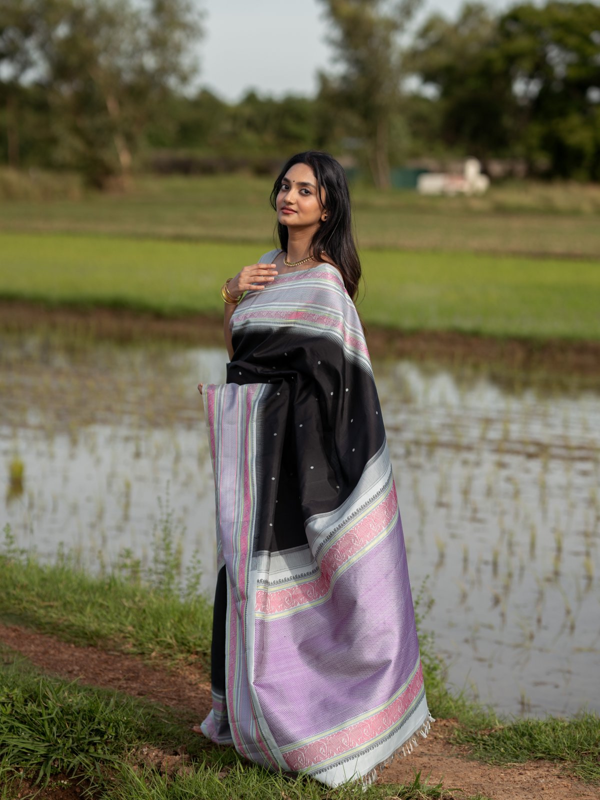 Black Kanjeevaram Silk Saree With Grey Border