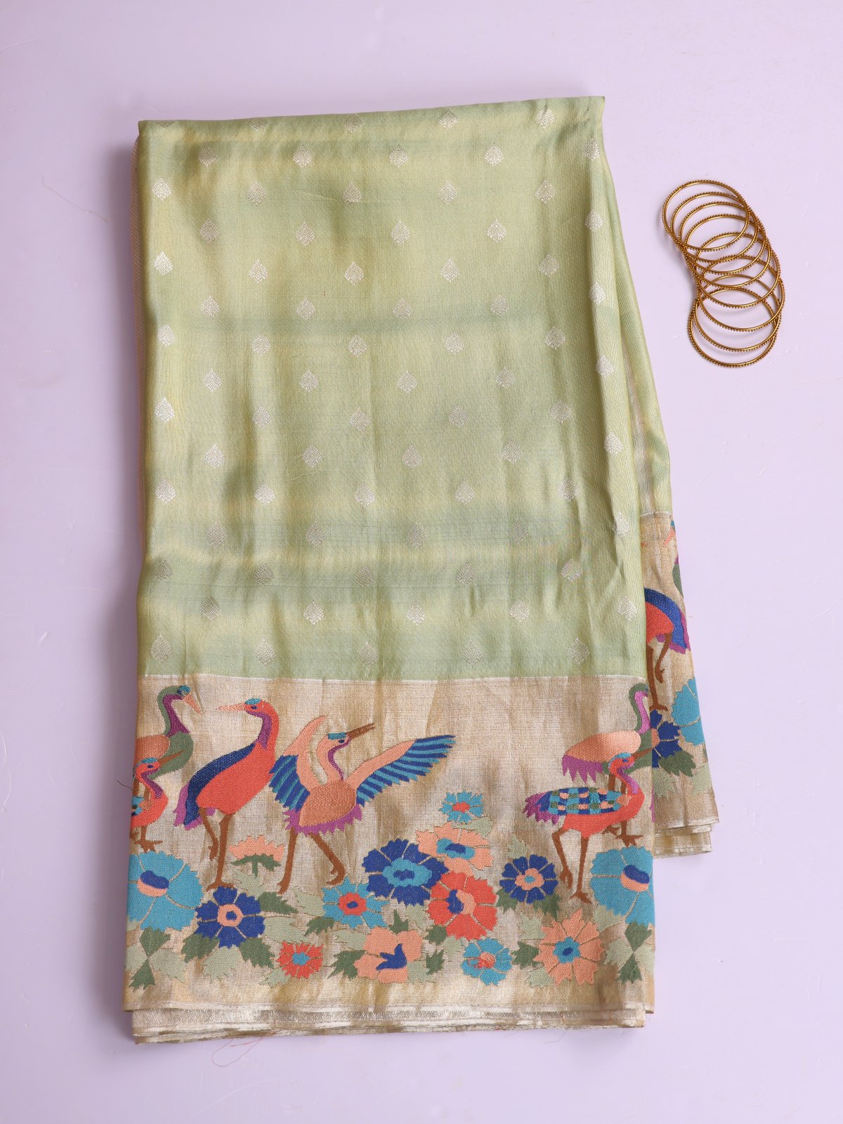 Pastel Green Tissue Kanjeevaram Silk Saree With Embroidered Border