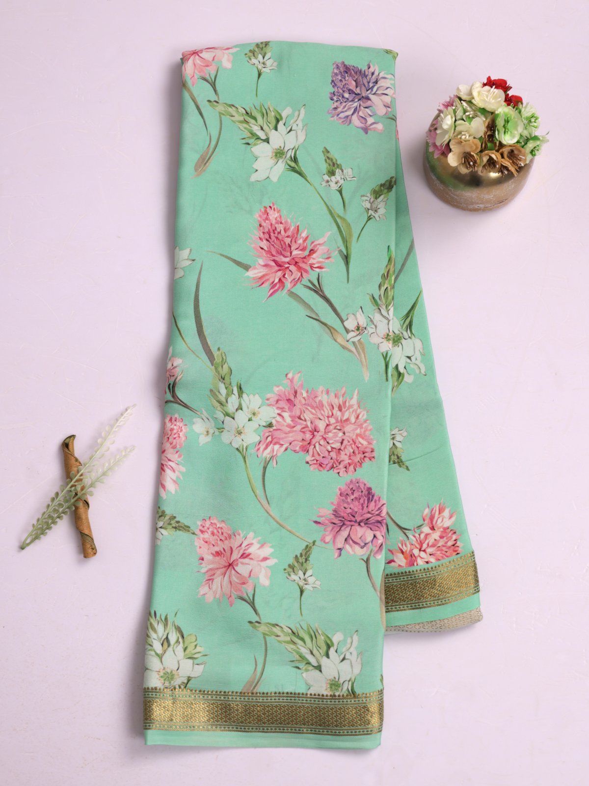 Light Green Printed Mysore Crepe Silk Saree With Zari Border