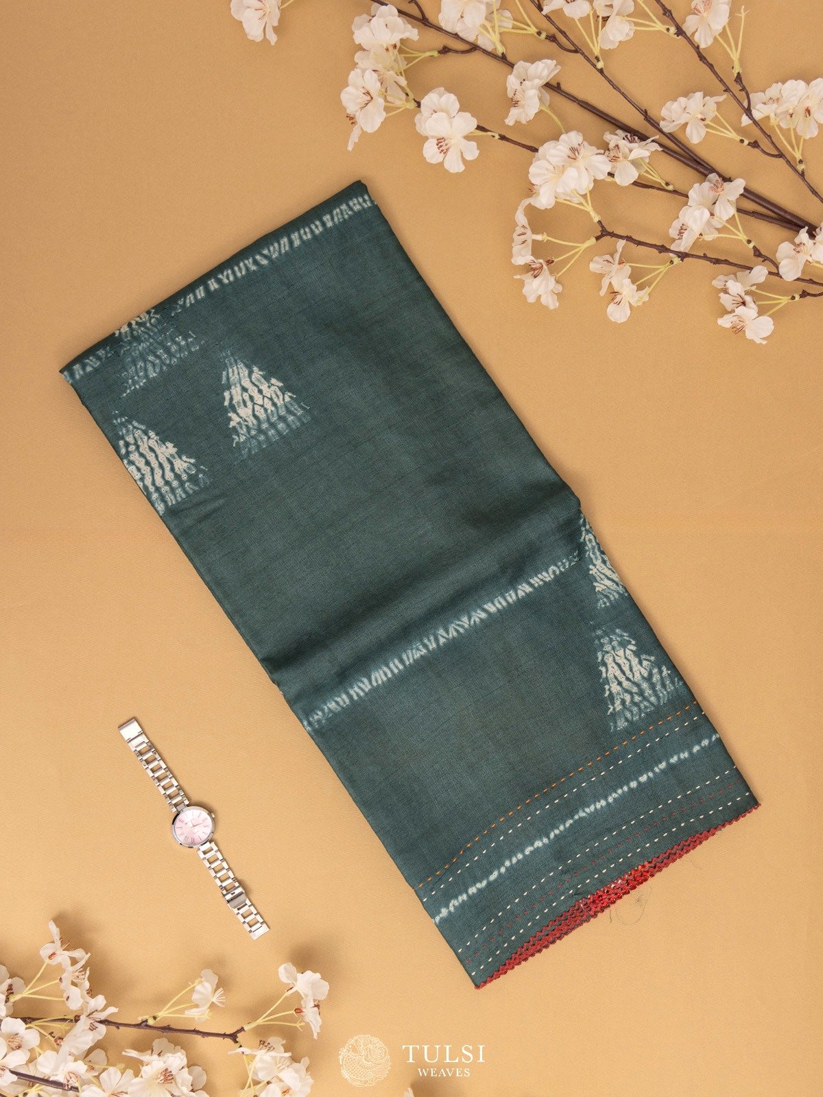 Greyish Green Shibori Silk Saree