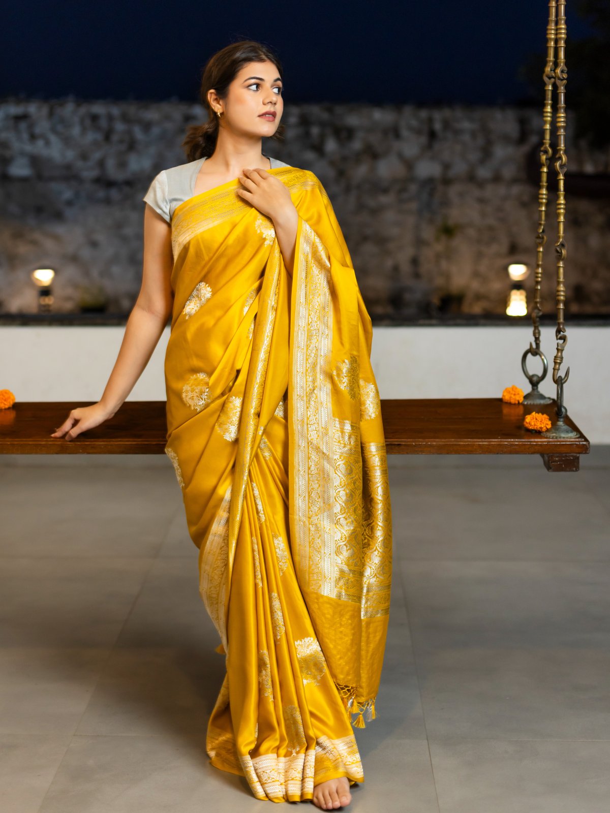 Mustard Yellow Mashru Silk Saree With Floral Zari border