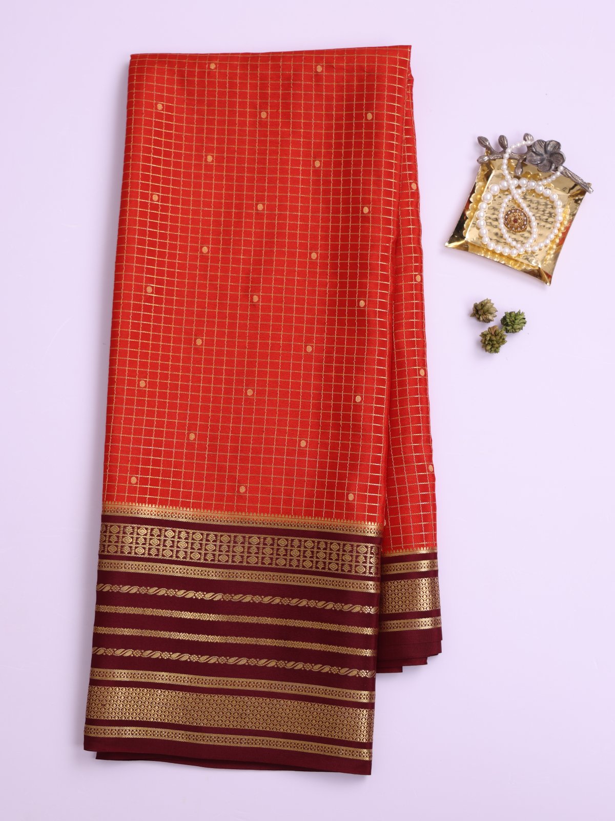 Orange Zari Checked Mysore Silk Saree With Brown Border