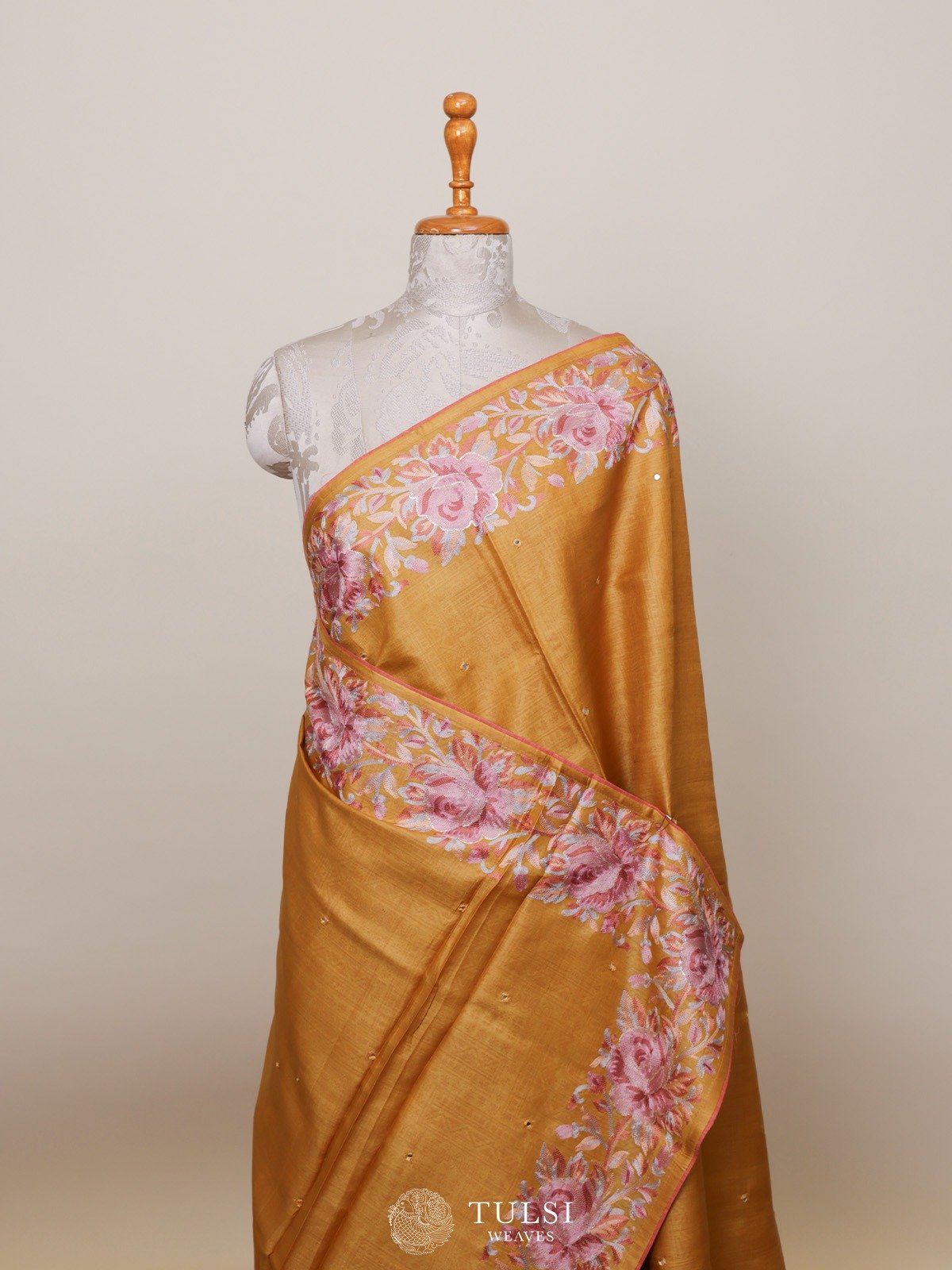 Yolk Yellow Tussar Silk Saree with Floral Embroidery Border