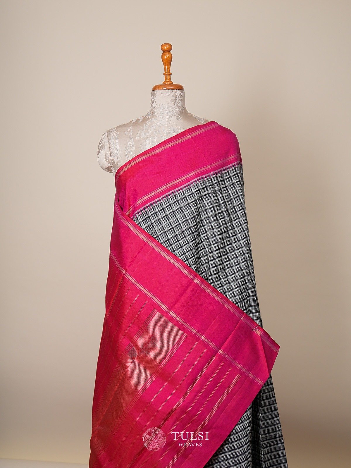Multi Color Checked Linen Kanjeevaram Silk Saree