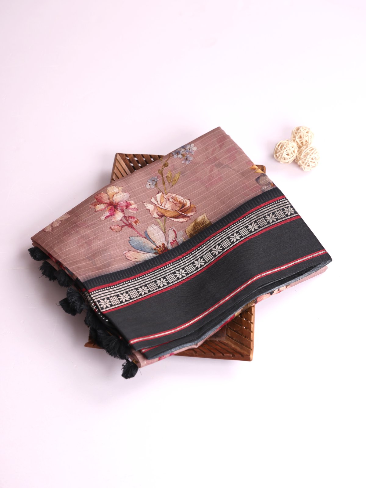 Dusty Pink Printed Chanderi Cotton Saree With Black Vidarbha Border