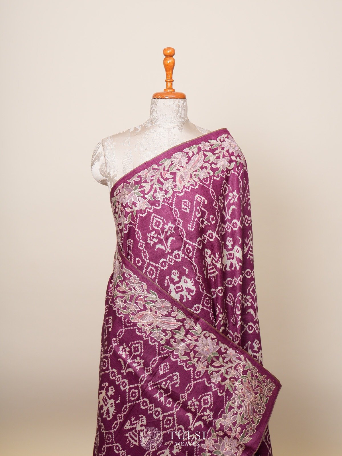 Violet Tussar Silk Saree with Floral Embroidery Border