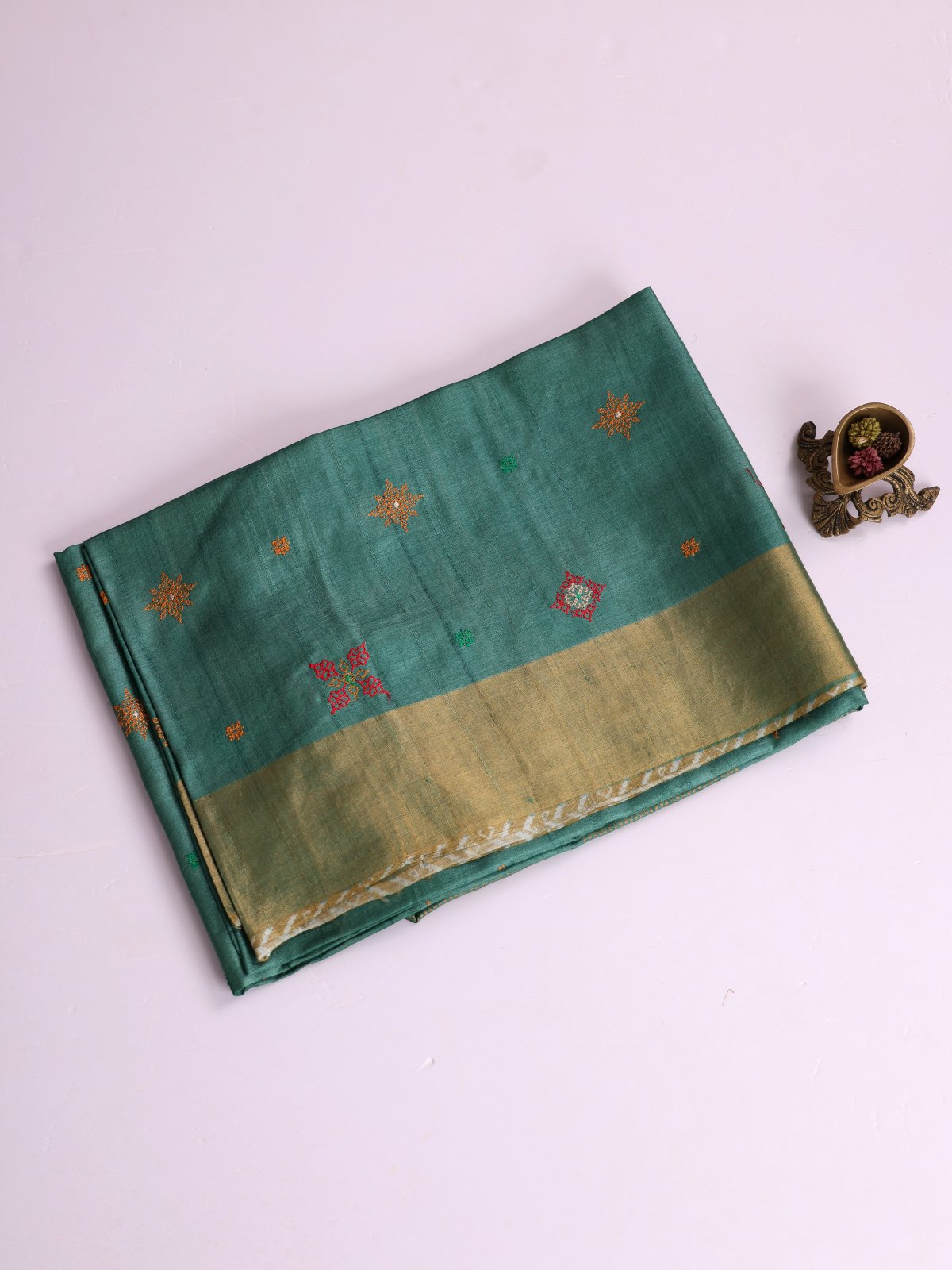 Green Embroidered Tussar Silk Saree With Zari Border
