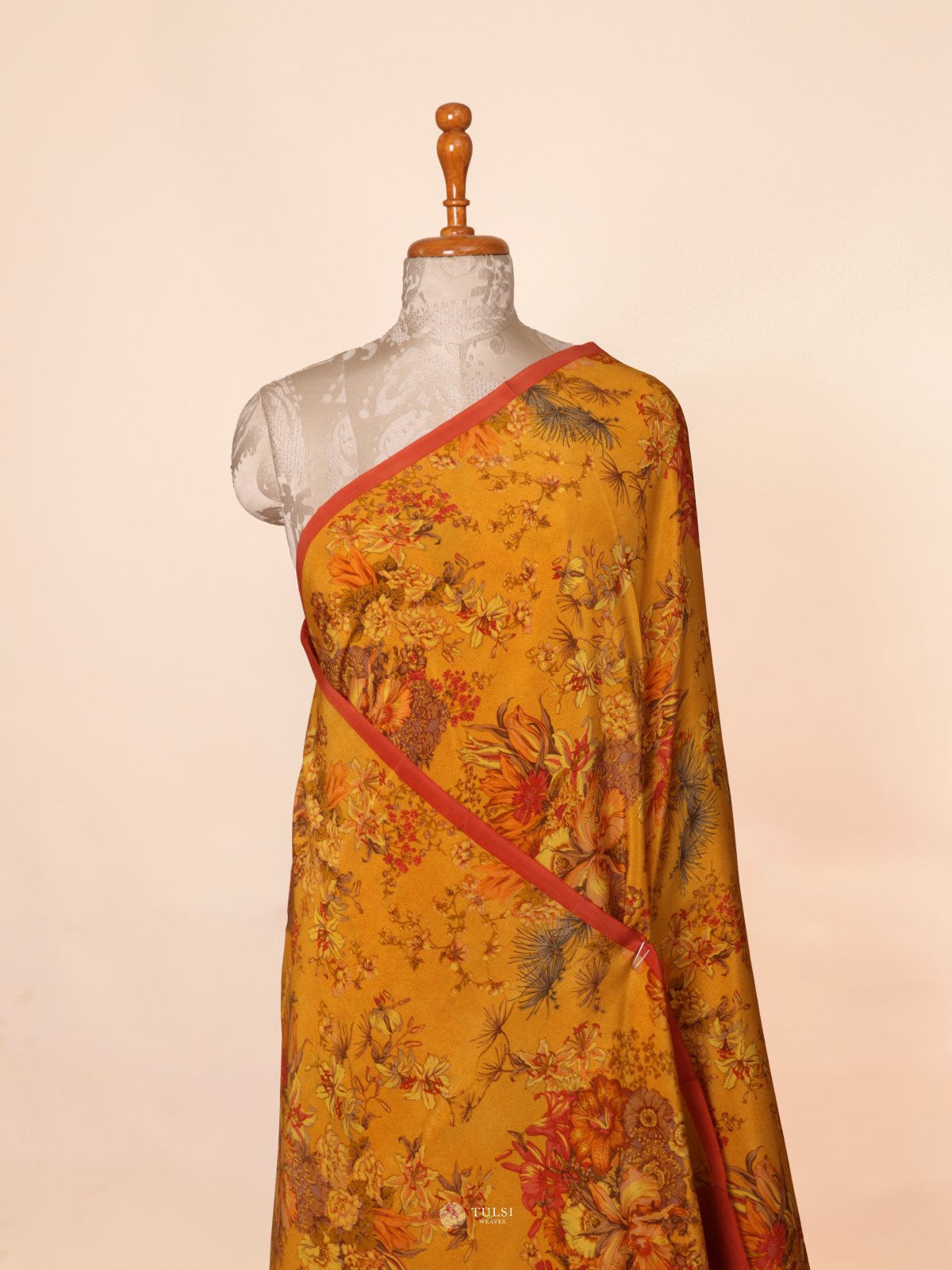 Dark Mustard Floral Printed Crepe Silk Saree