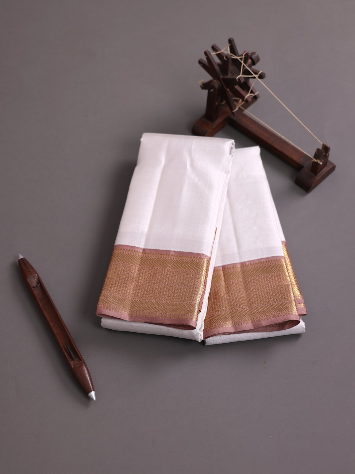 Light Grey Silk Dhoti And Vasthram With Light Brown Zari Border
