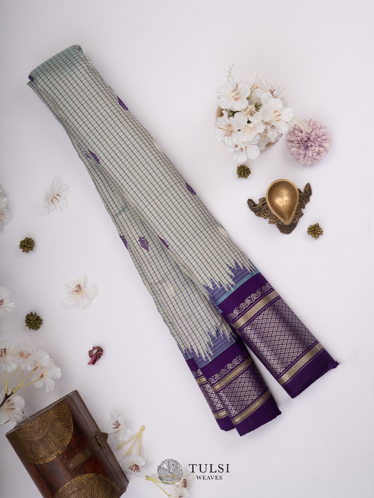 Blueish Grey Gadwal Silk Saree with violet border