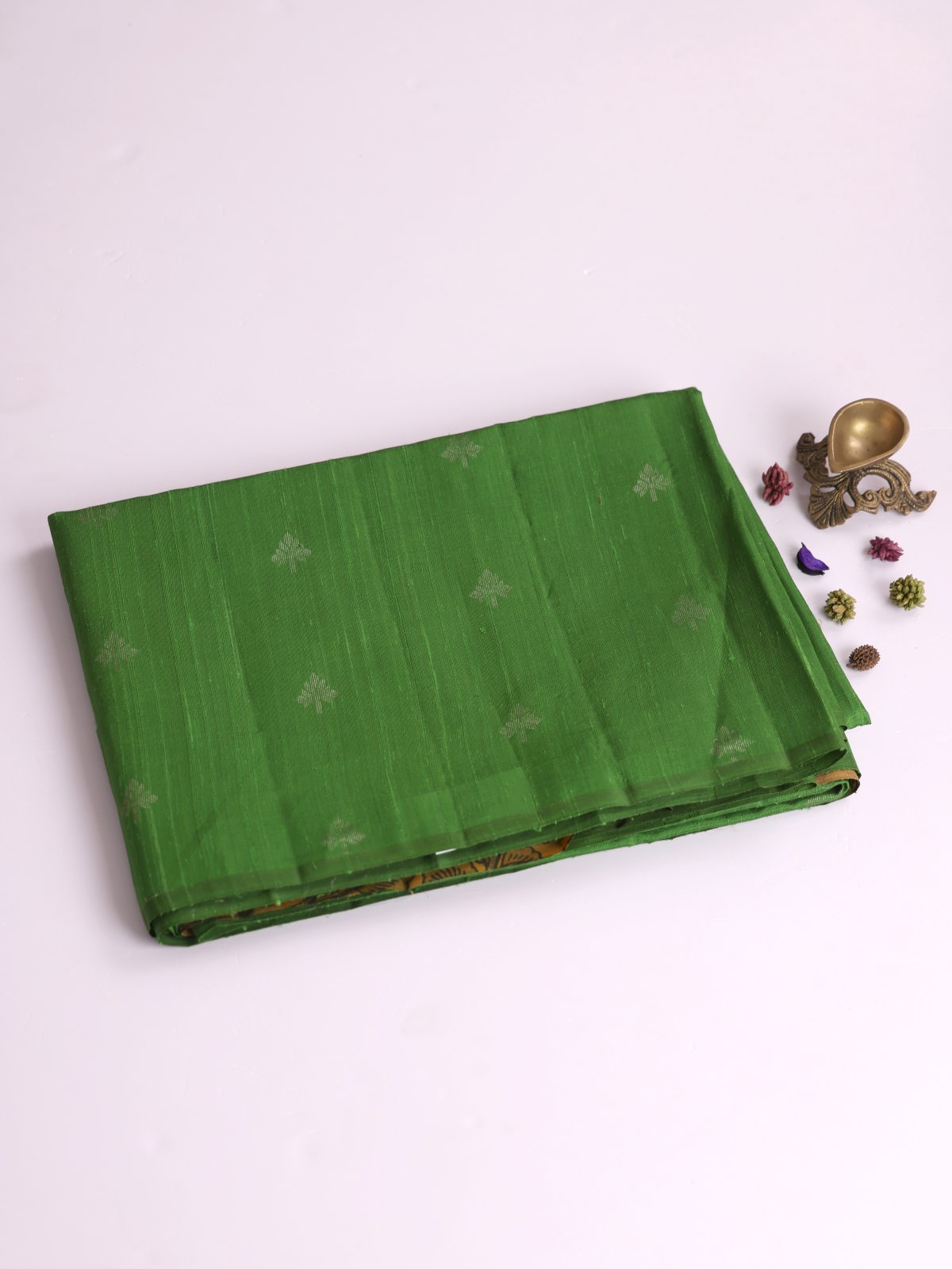Green Raw Silk Saree With Kalamkari Blouse