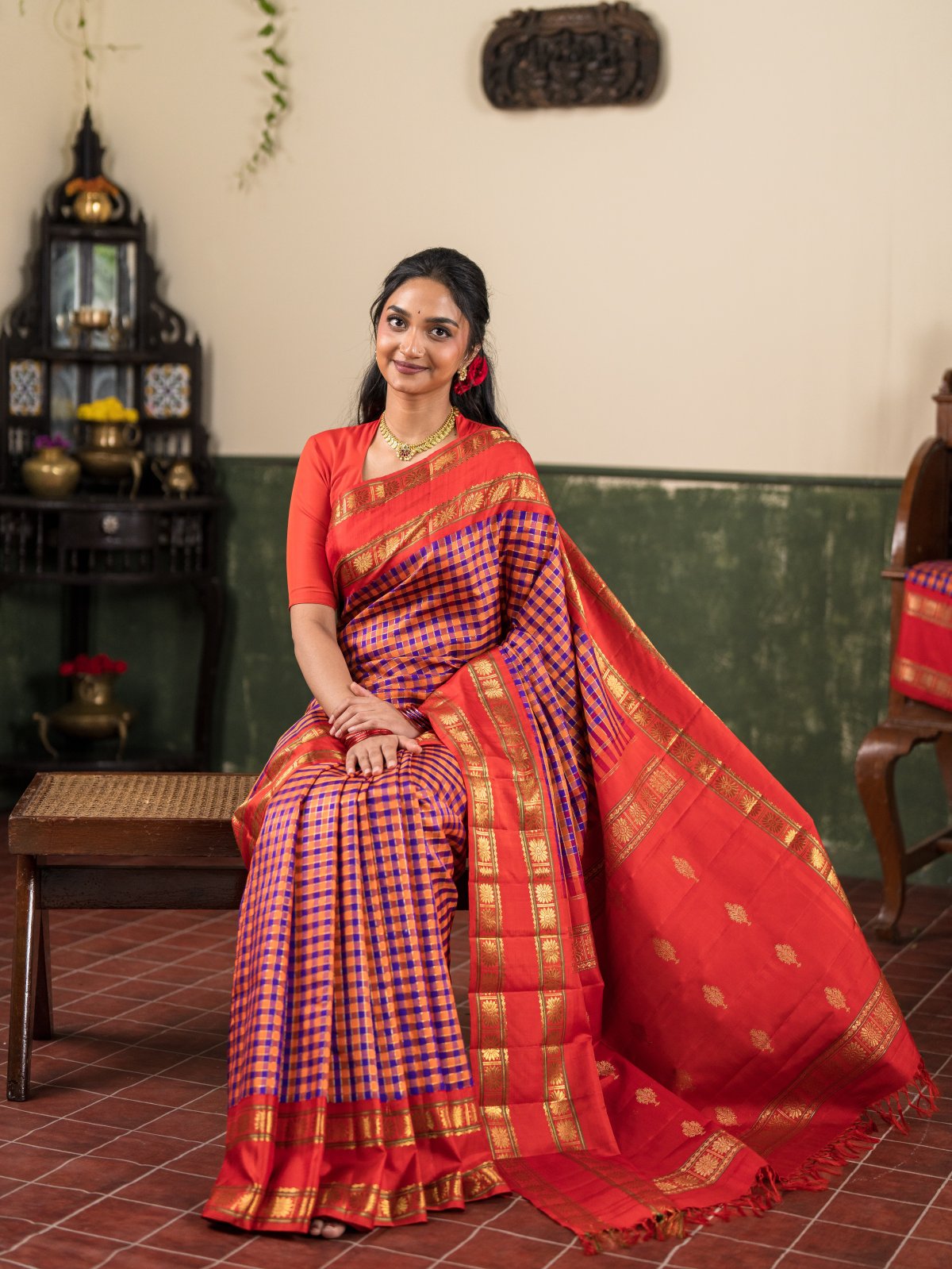 Vintage 129 - Orange And Purple Checked Kanjeevaram Silk Saree With Reddish Orange Border