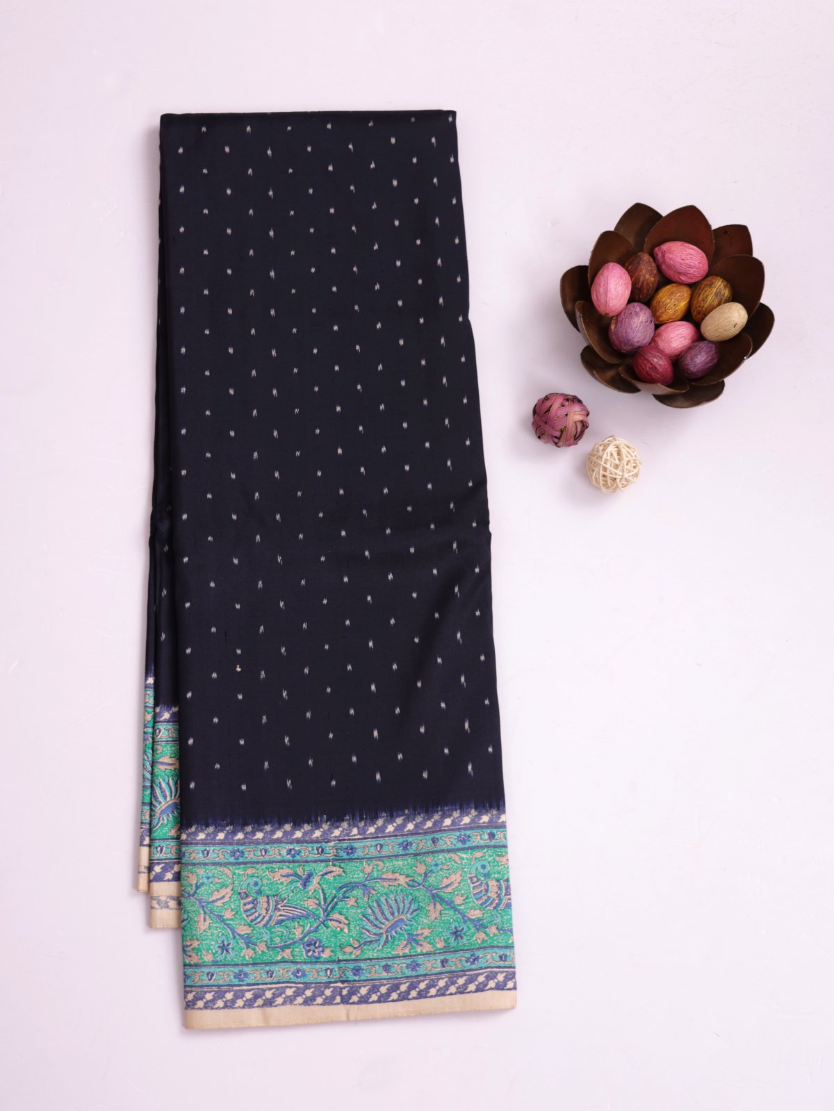 Dark Navy Blue Printed Silk Saree With Bluish Green Border