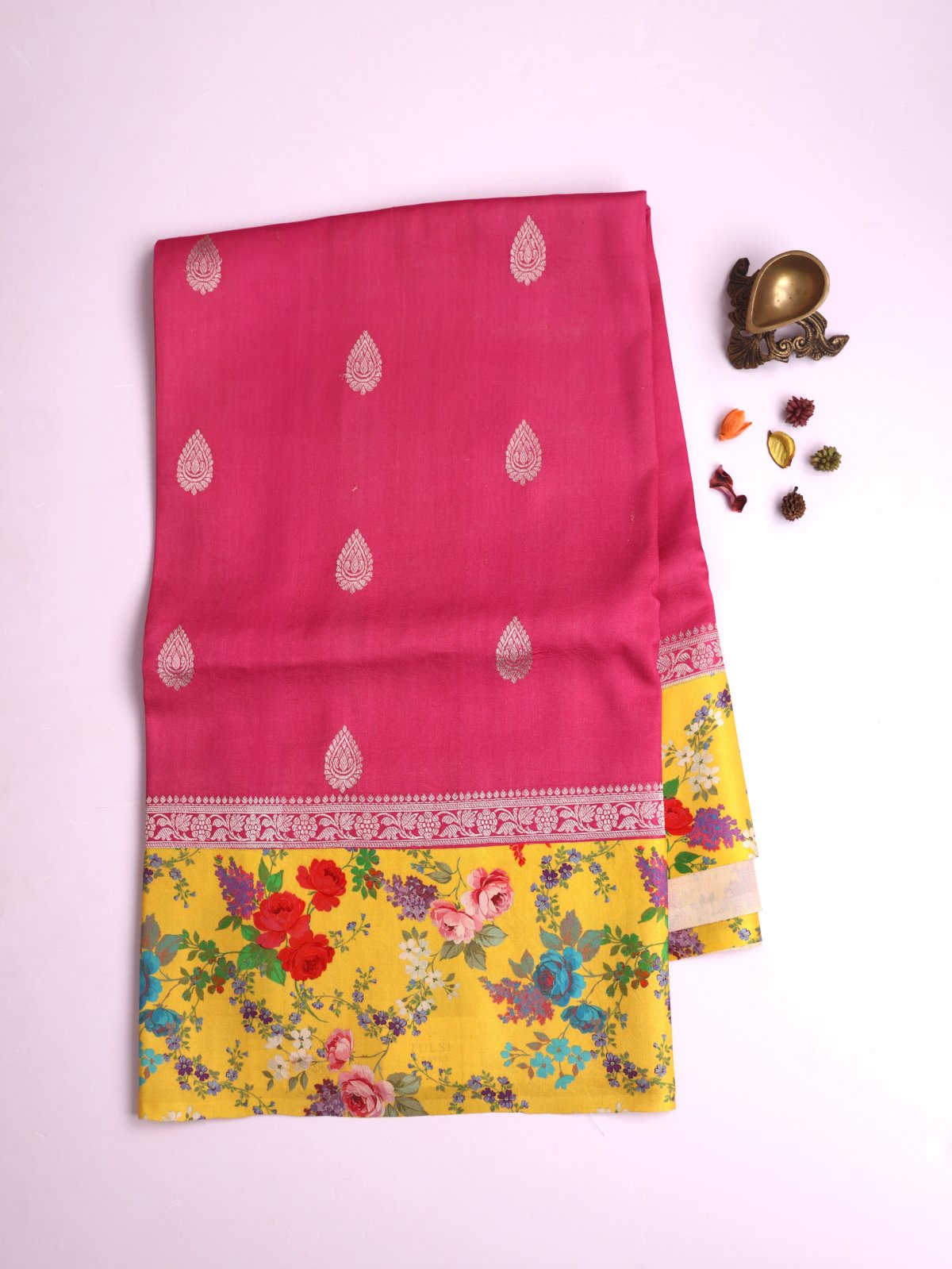 Pink Banaras Tussar Georgette Silk Saree with Printed Yellow Satin Border