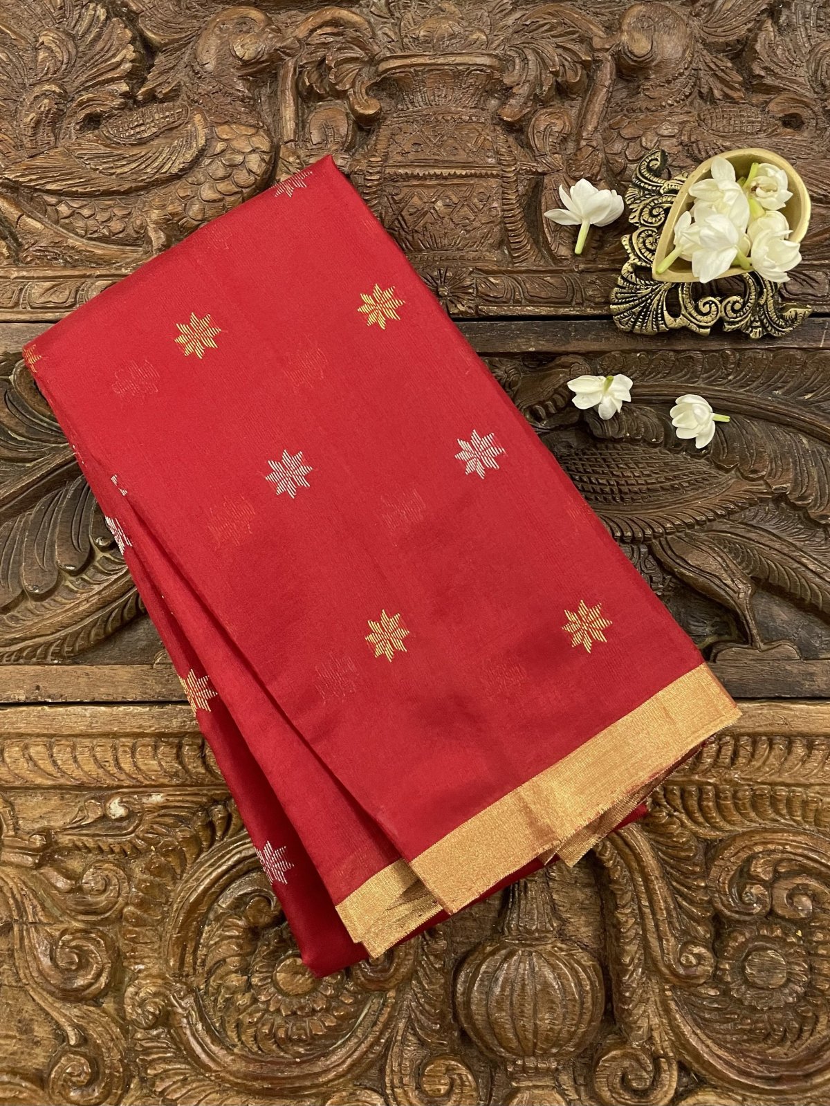 Bright Red Chanderi Silk Blouse With Gold And Silver Zari Motifs