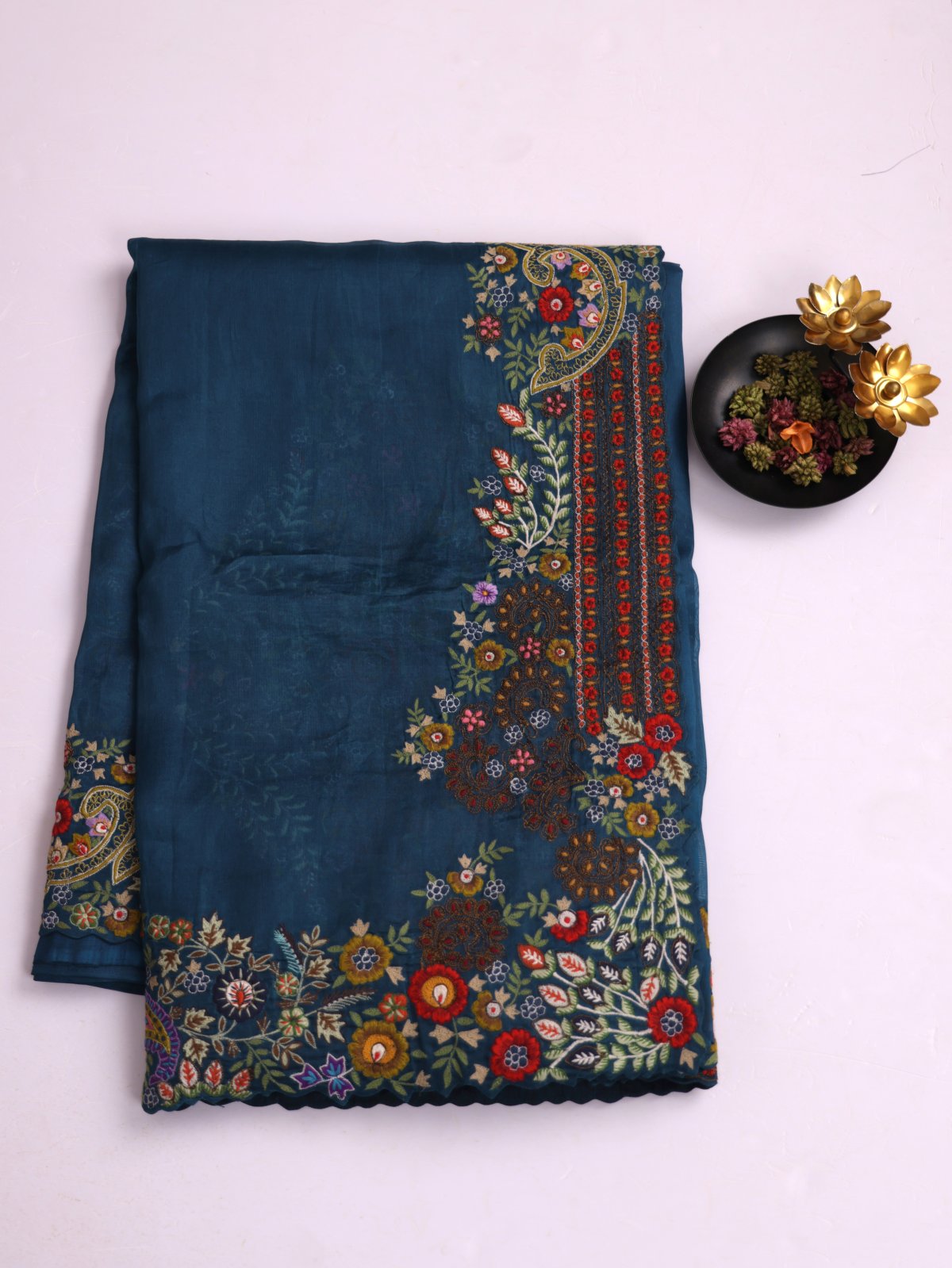 Peacock Blue Organza Silk Saree With Embroidered Border