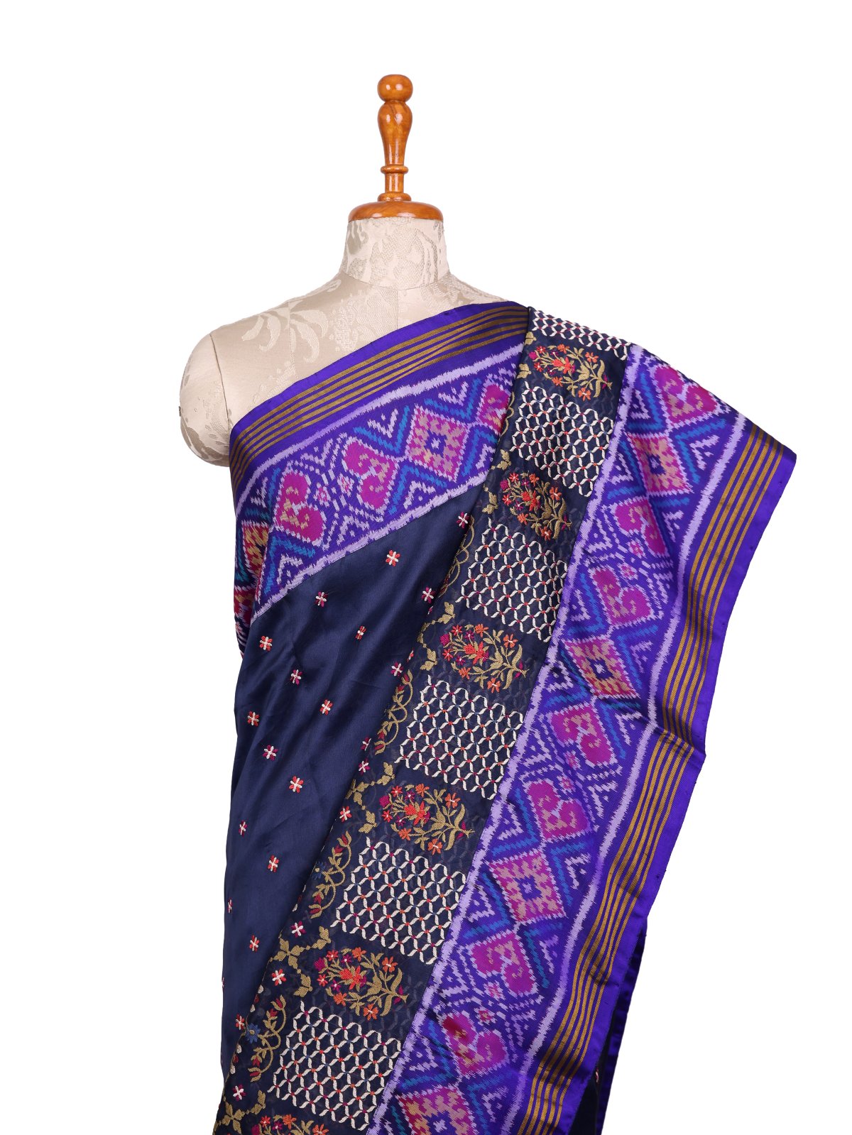 Navy Blue Embroidered Organza Silk Saree With Violet Patola Border