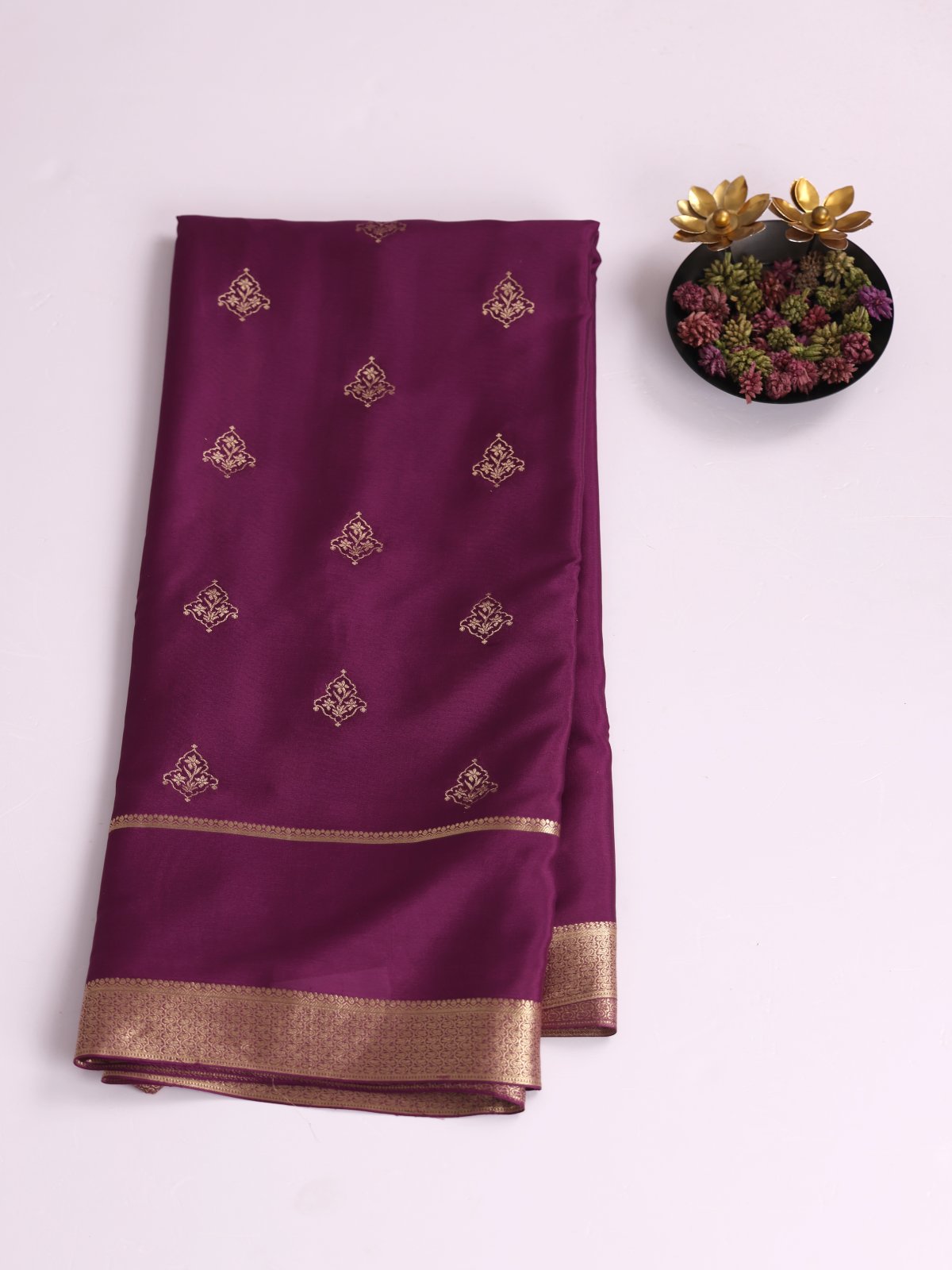 Dark Purple Mysore Silk Saree With Zari Border