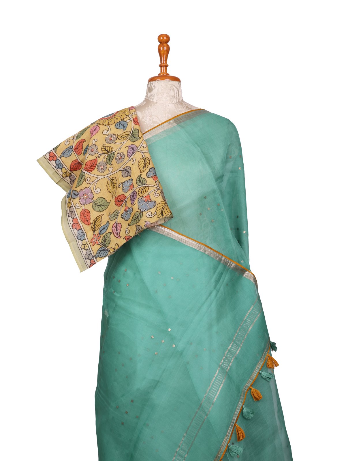 Light Greenish Blue Organza Silk Saree With Kalamkari Blouse