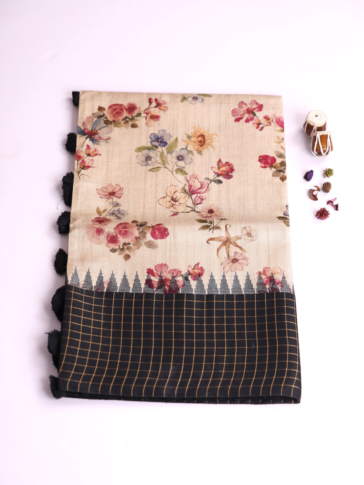 Beige Printed Tussar Silk Saree With Black Zari Checked Border