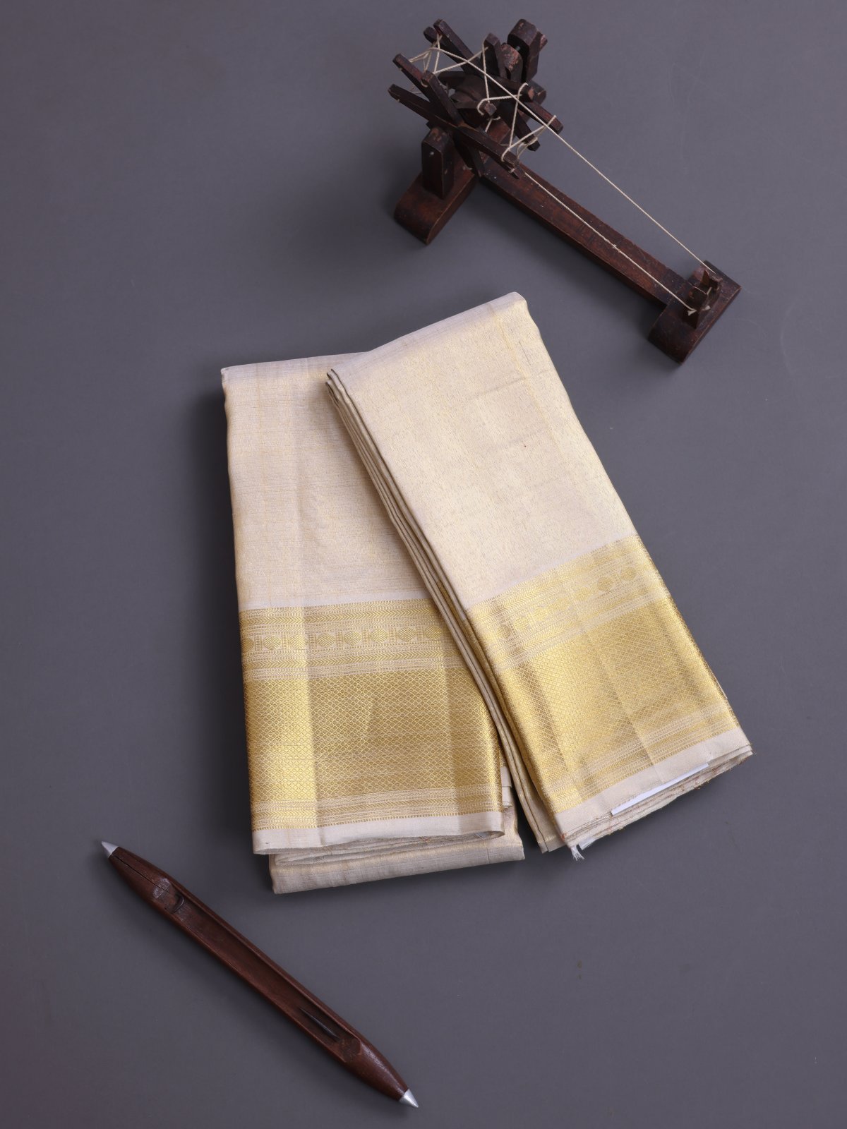 Off- White Tissue Silk Dhoti And Vasthram With Zari Border