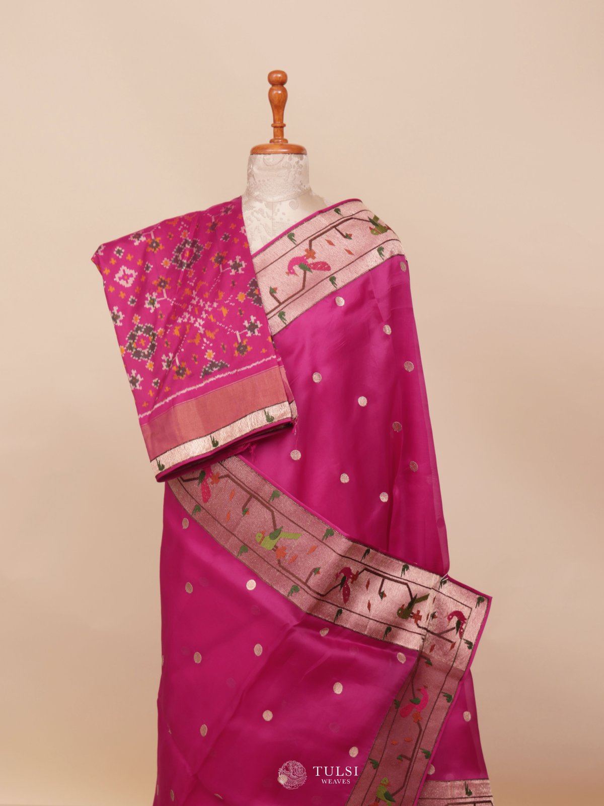 Pink Organza Saree Paithani Border With Ikat Blouse