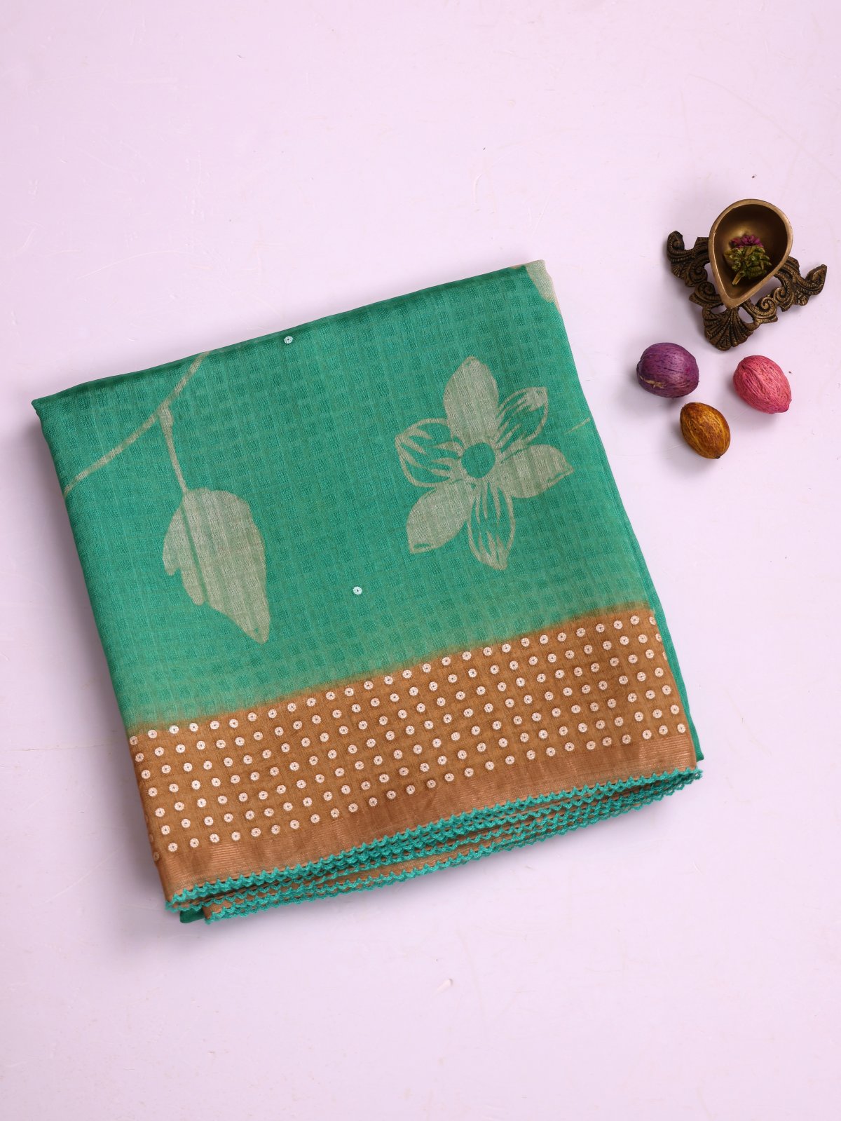 Green Printed Organza Silk Saree With Sequins Border
