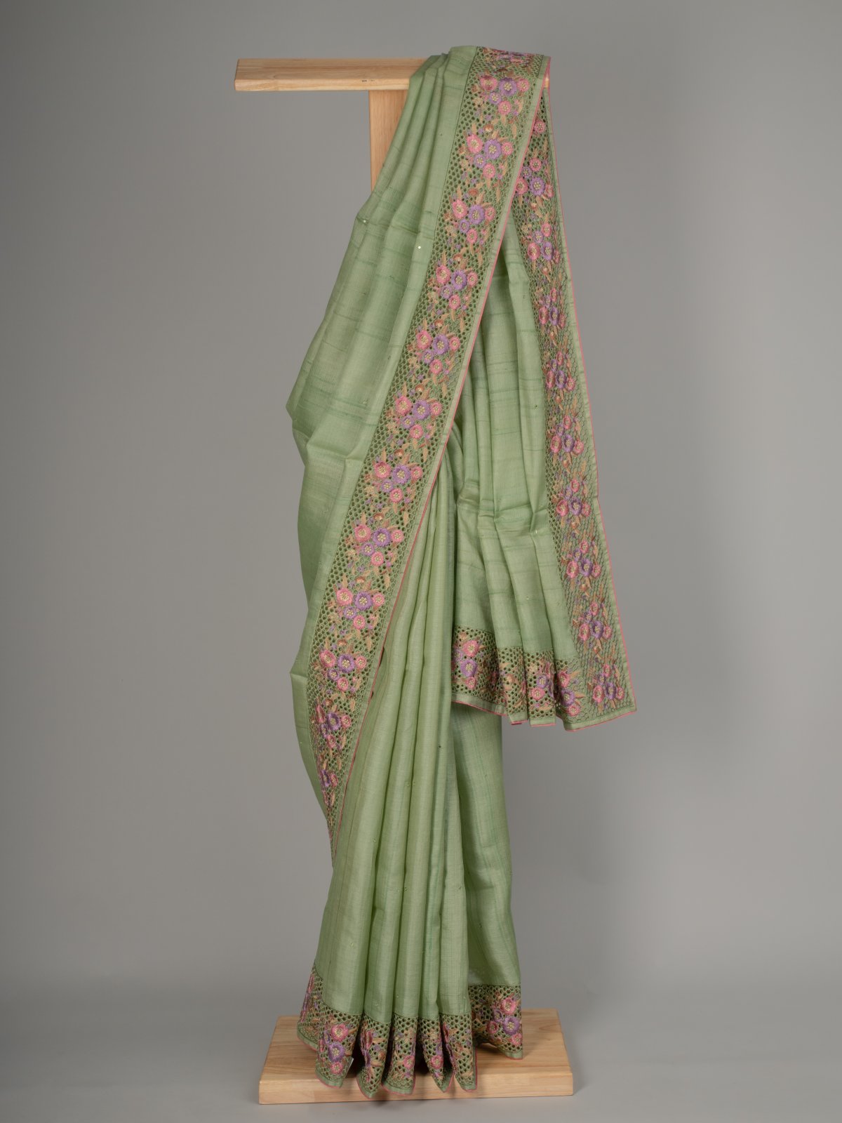 Light Green Tussar Silk Saree With Cutwork Embroidery