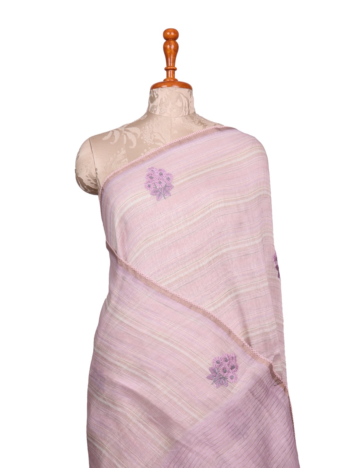 Lavender Striped Linen Saree with Embroidery
