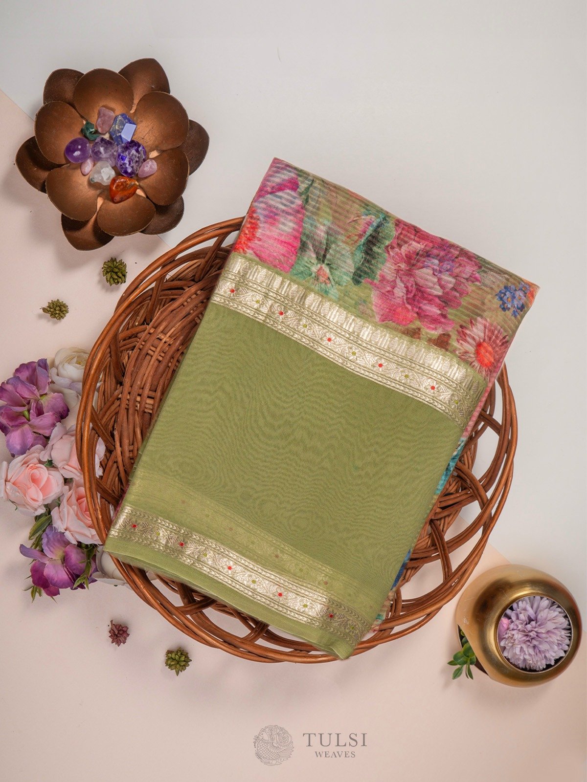 Light Green Floral Printed Organza Silk Saree